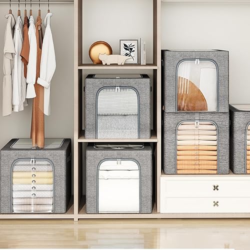 Miniatura 6 de GoMaihe Contenedor de almacenamiento de ropa con marco de metal paquete de 6 contenedores de almacenamiento apilables con tapa y ventana