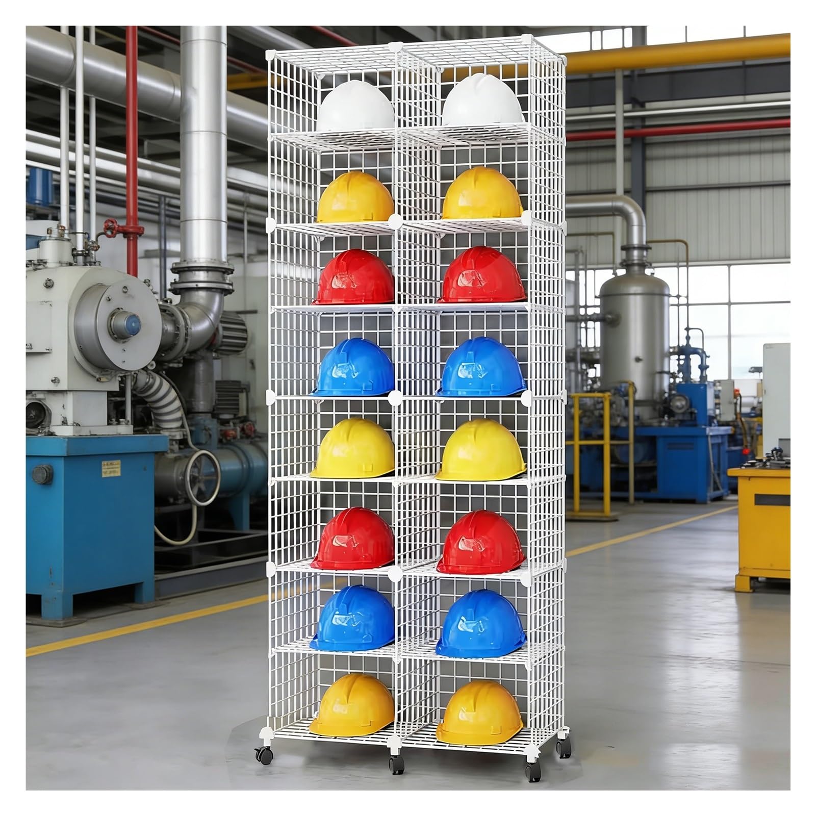 Estante portátil con Ruedas para Guardar Cascos de Seguridad, Soporte Ajustable y apilable con Ruedas, Expositor para Obras de construcción - 16 Compartimentos (2x8) - Blanco