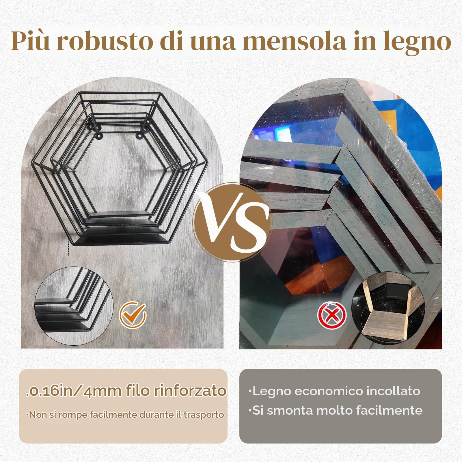 Esagonali Mensole da Muro, Metallo Nero con Ripiani, Set da 4 | Mensole Sospese da Parete per Piante e Sculture, per Soggiorno, Camera da Letto, Corridoio