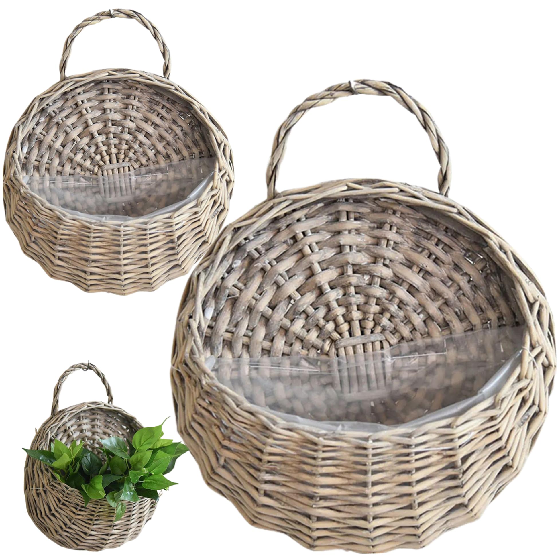 Takingup 2Pcs Natural Rattan Hanging Planter, Vintage Wall Hanging Basket for Indoor Plants Home Garden Grey, Basket