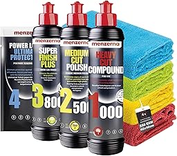 Menzerna Kit de Polissage pour Voiture : Menzerna Heavy Cut Compound 1000 + Medium Cut Compound 2500 + Super Finish Plus 3800 + Power Lock Sachet 20ml + 4X Chiffon Microfibre 40x40cm