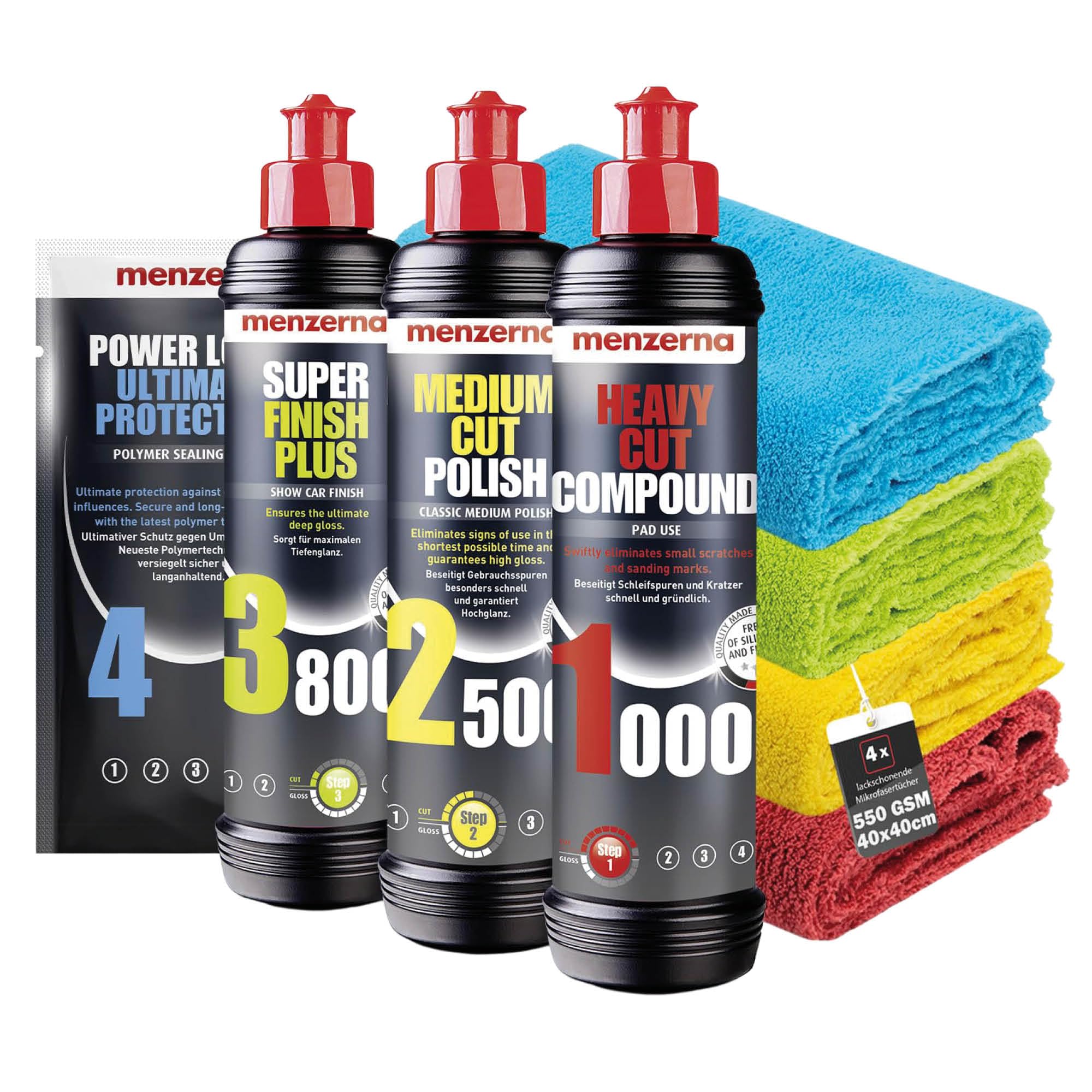 Car Polish Set: 3x detailmate Microfibre Cloth 40x40cm, 550GSM compatible with Menzerna Heavy Cut Compound 1000 + Medium Cut Compound 2500 + Super Finish Plus 3800 + Ceramic Spray Sealant 100ml
