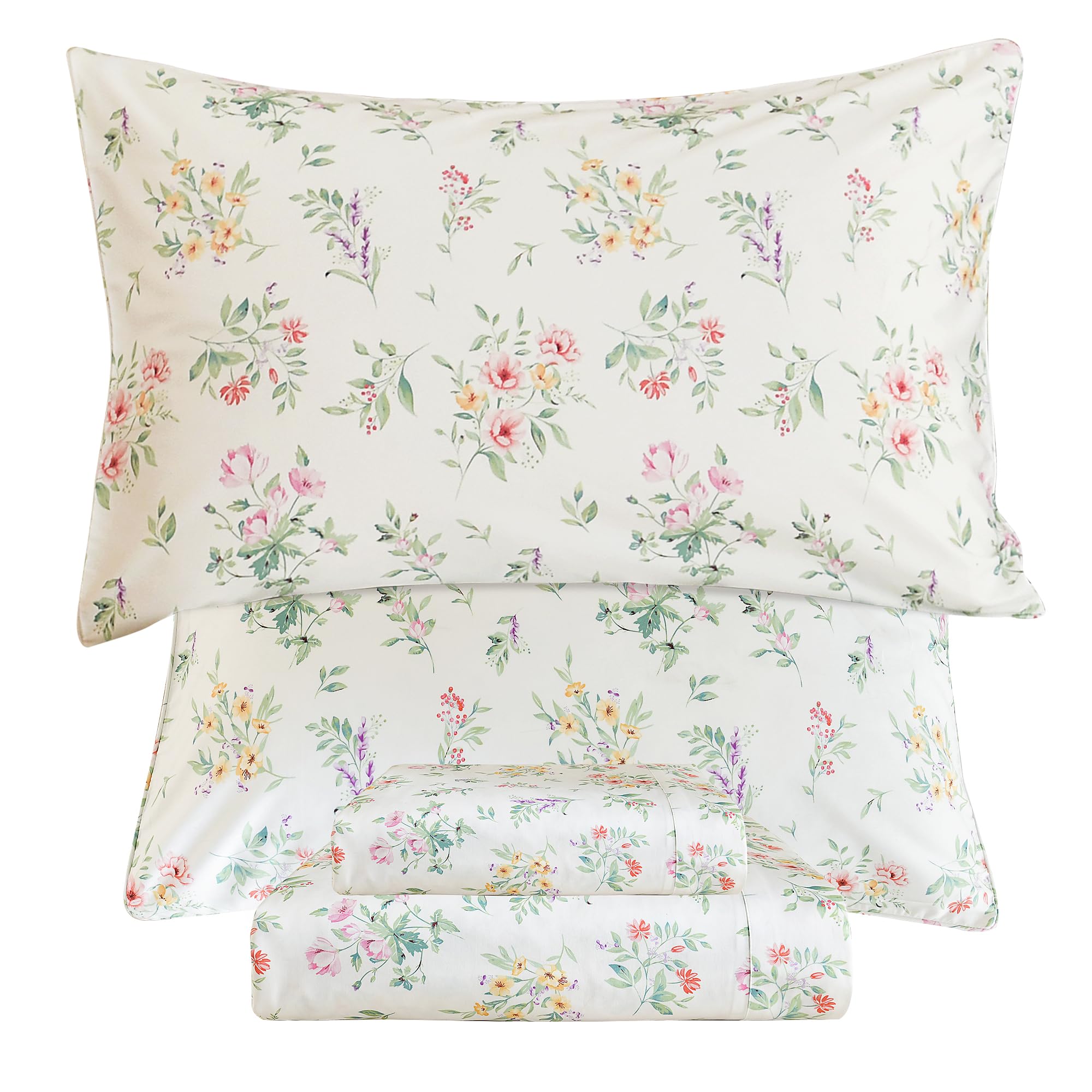 QSH Green Floral Sheets Queen Size,Yellow Flowers Botanical Pattern Printed Bedding Sheets 100% Egyptian Cotton Sheet Queen Size Set Extra Soft and Breathable 17.5" Deep Pockets Bed Sheet 4pcs — image 1
