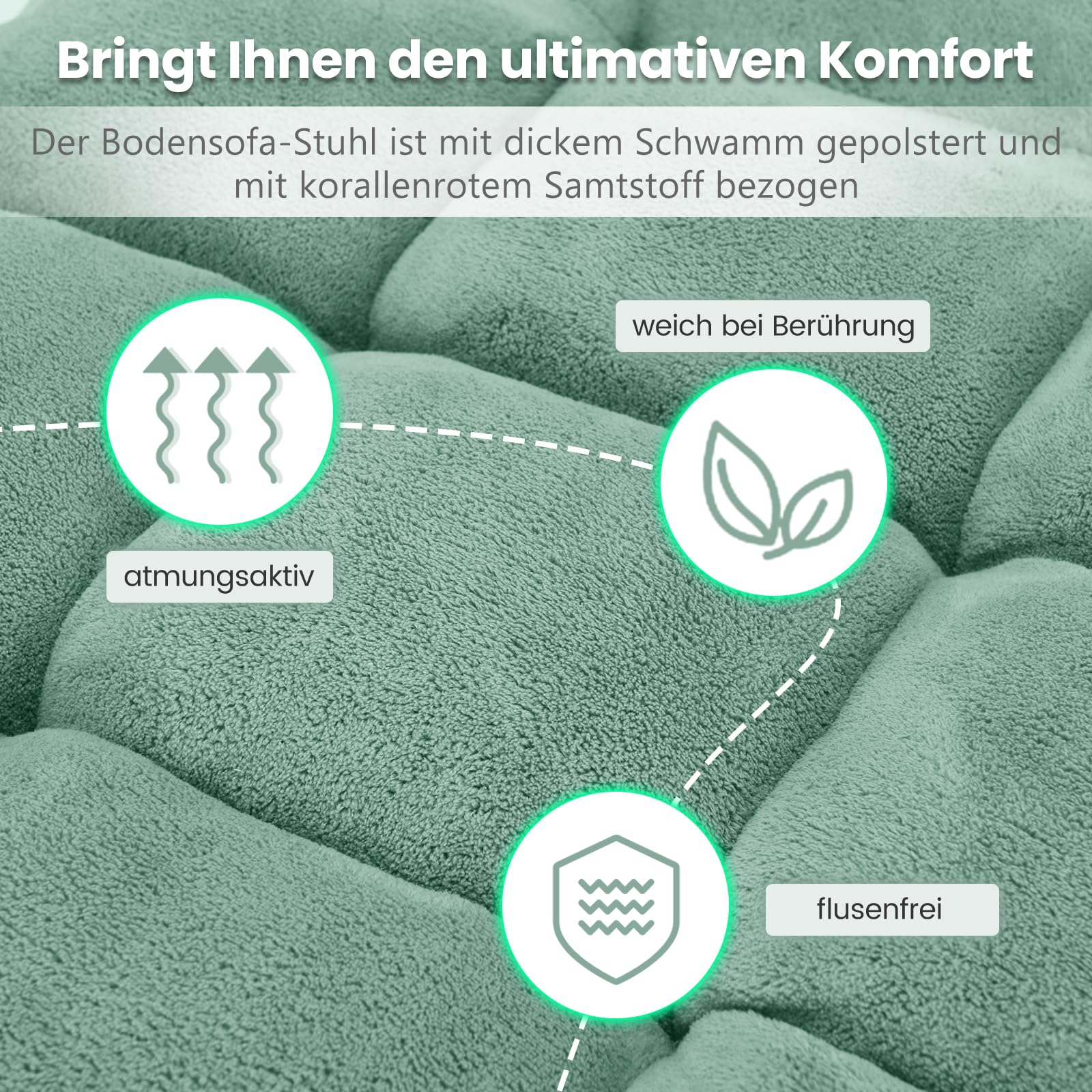 COSTWAY Bodenstuhl mit Verstellbarer Rückenlehne, Bodensessel gepolstert, Bodenkissen faltbar, Meditationsstuhl, Relaxsessel, Thaikissen für Freizeit, Meditation, Yoga (Grün)