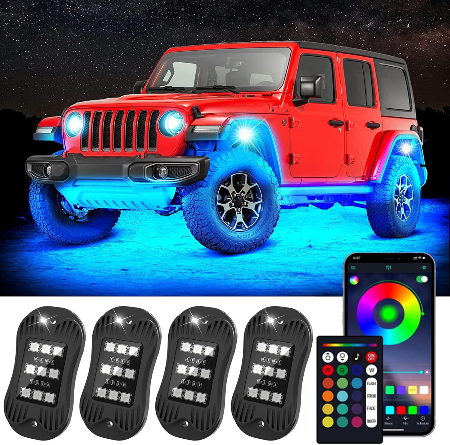 RGB Led Rock Lights for Trucks Exterior, Neon Lights Underglow Kit for Trucks Cars 4 Pods，with App/RF Remote Control, Car Wheel Well Lights for ATV RZR Utv SUV Offroad，Waterproof, DC 12V