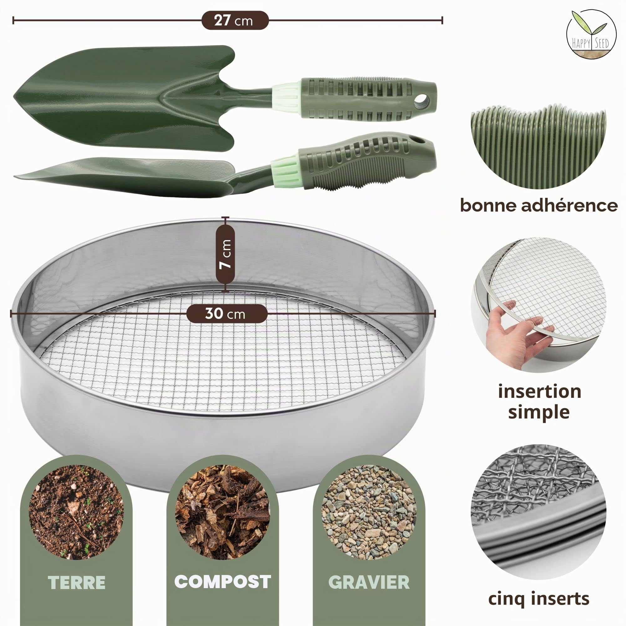 Tamis de jardin rond 30 cm avec 5 tamis interchangeables - tamis à compost en acier inoxydable pour la terre, le compost, les graines - pelle de jardin incluse