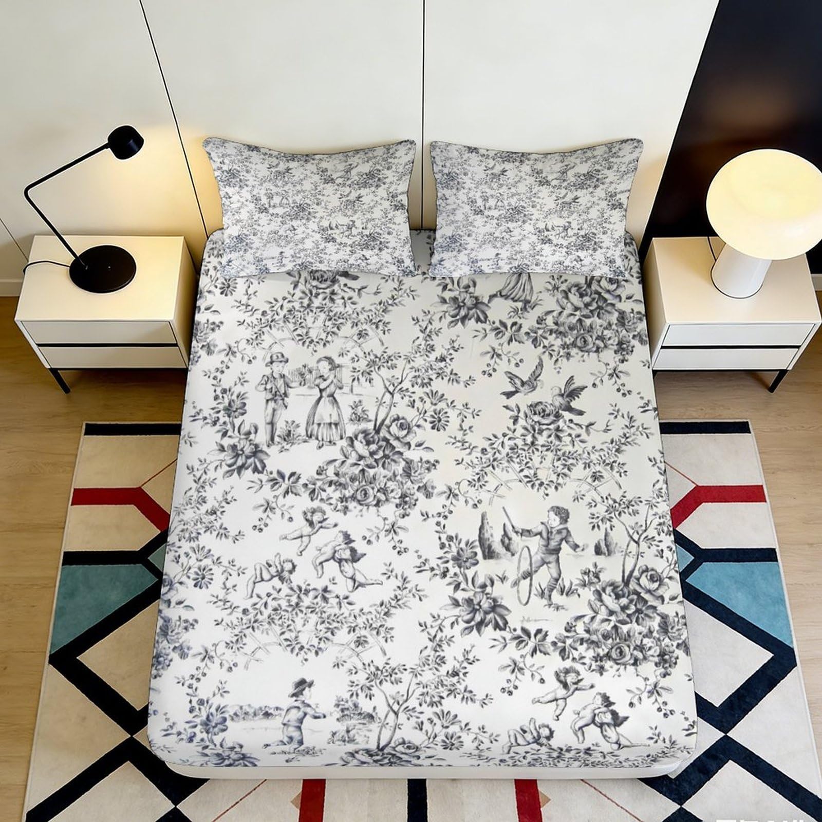 3D Printed Vintage Pastoral Scene Fitted Sheet Microfiber Floral Toile Mattress Cover Anti-Slip Machine Wash Bedroom Decor 90x200x25cm