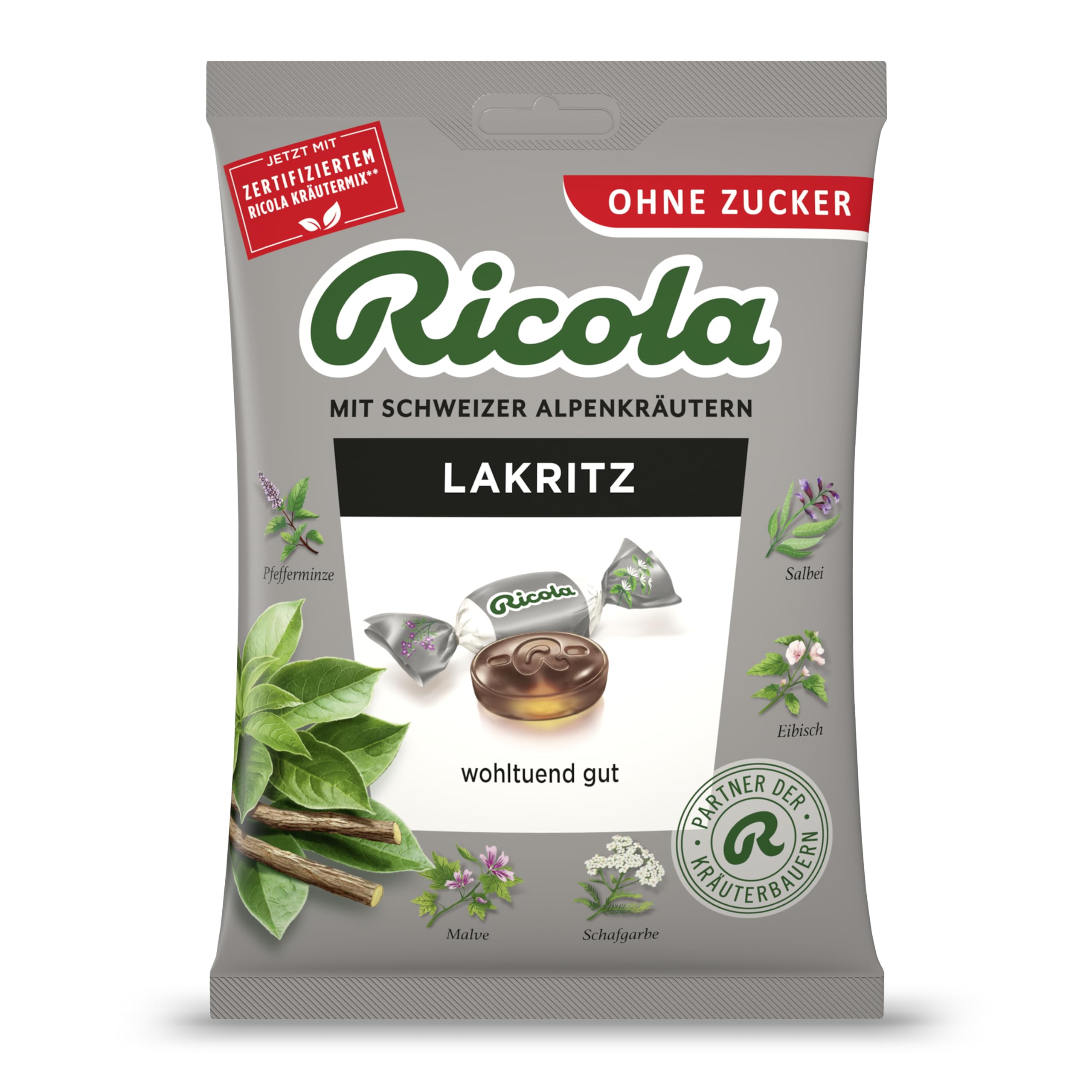 Ricola Lakritz, 75g Beutel Original Schweizer Kräuter-Bonbons mit 13 Schweizer Alpenkräutern, zuckerfrei, 1 x 75g, vegan