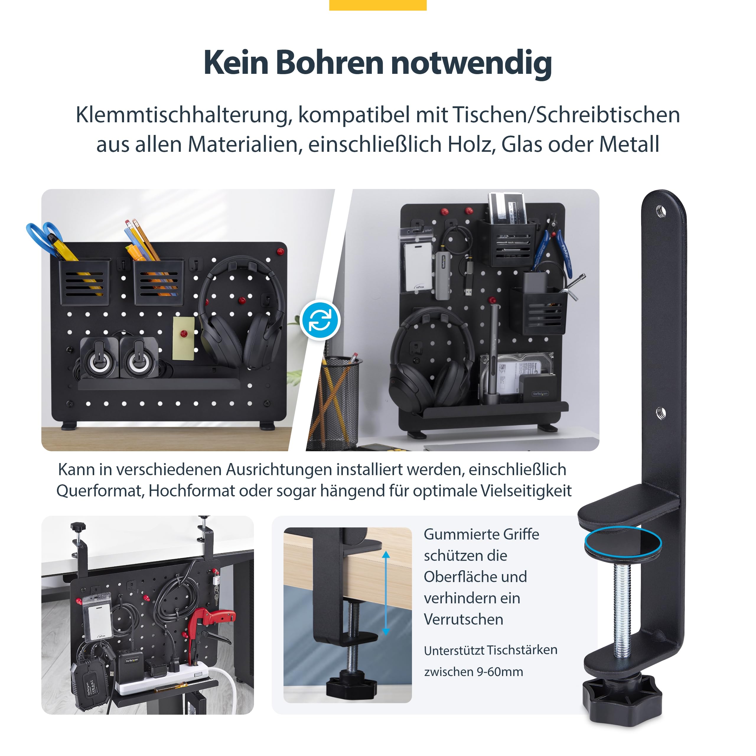 StarTech Klemm Lochplatte mit Zubehör, 420x320mm, Stahl, Schwarz | Pegboard, Lochwand, Tisch Lochbrett, Werkzeugwand, Metall Stecktafel, Ohne Bohren, Für Schreibtisch