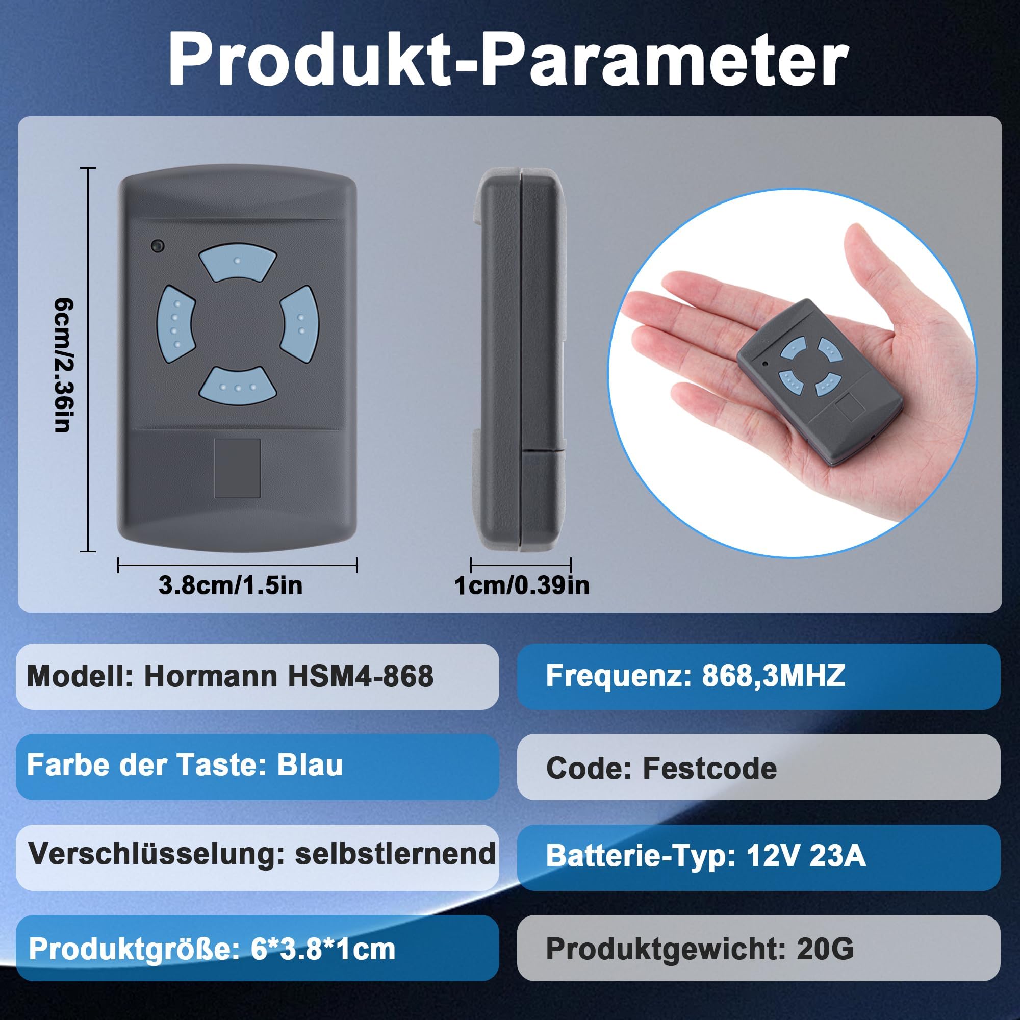 868,3 Lot De 2 Télécommandes De Rechange Pour Porte De Garage Hörmann HSM4-868 HSE2-868 HS4-868, 4 Commandes, Touches Bleues, Pour Ouvre-porte De Garage Hörmann SupraMatic ProMatic