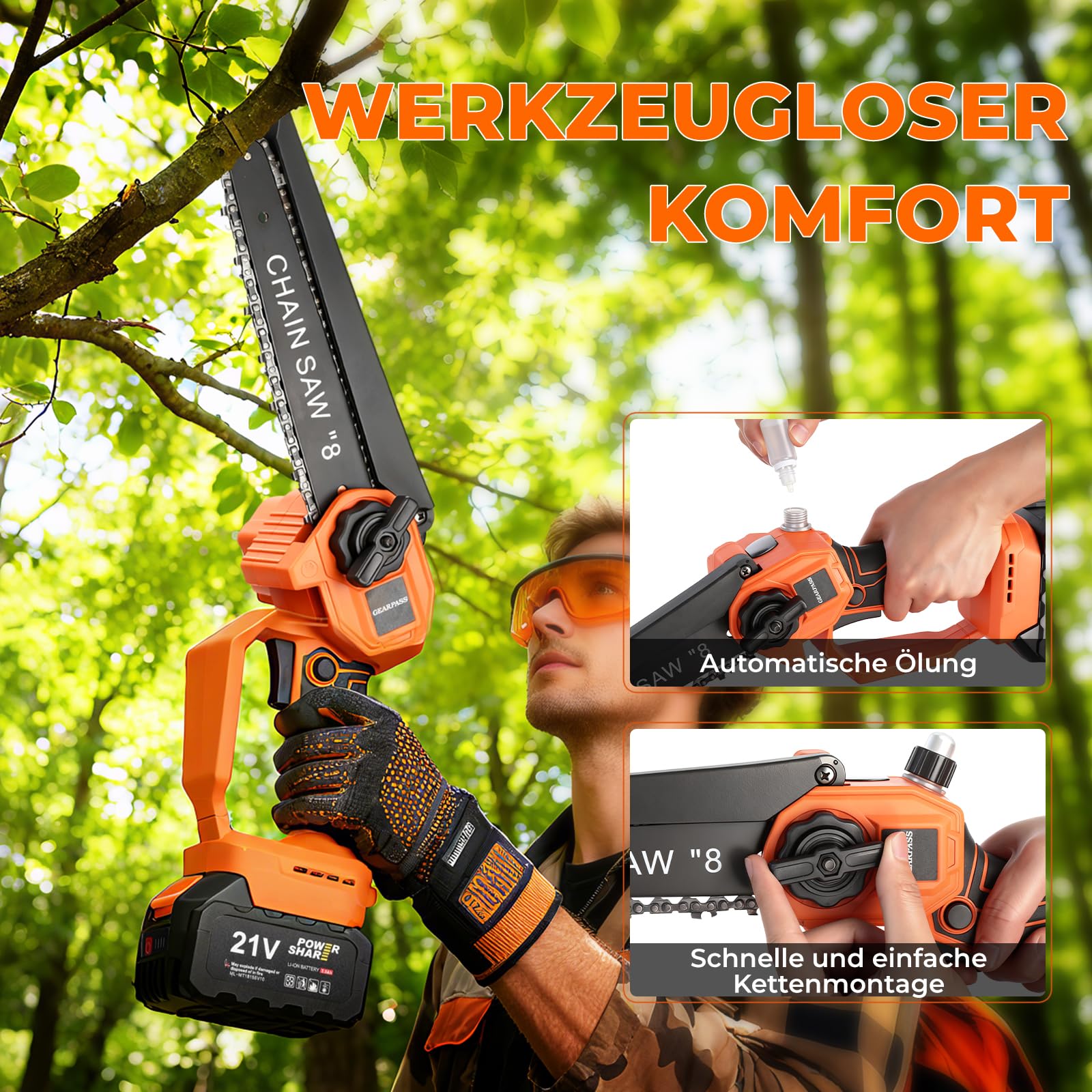 4-in-1 Akku-Hochentaster, 20cm Mini-Kettensäge & elektrische Gartenschere mit bürstenlosem Motor, automatischer Ölung 4,5 m Reichweite, 2 x 21V 4,0 Ah Akkus für Baumschnitt & Holzbearbeitung
