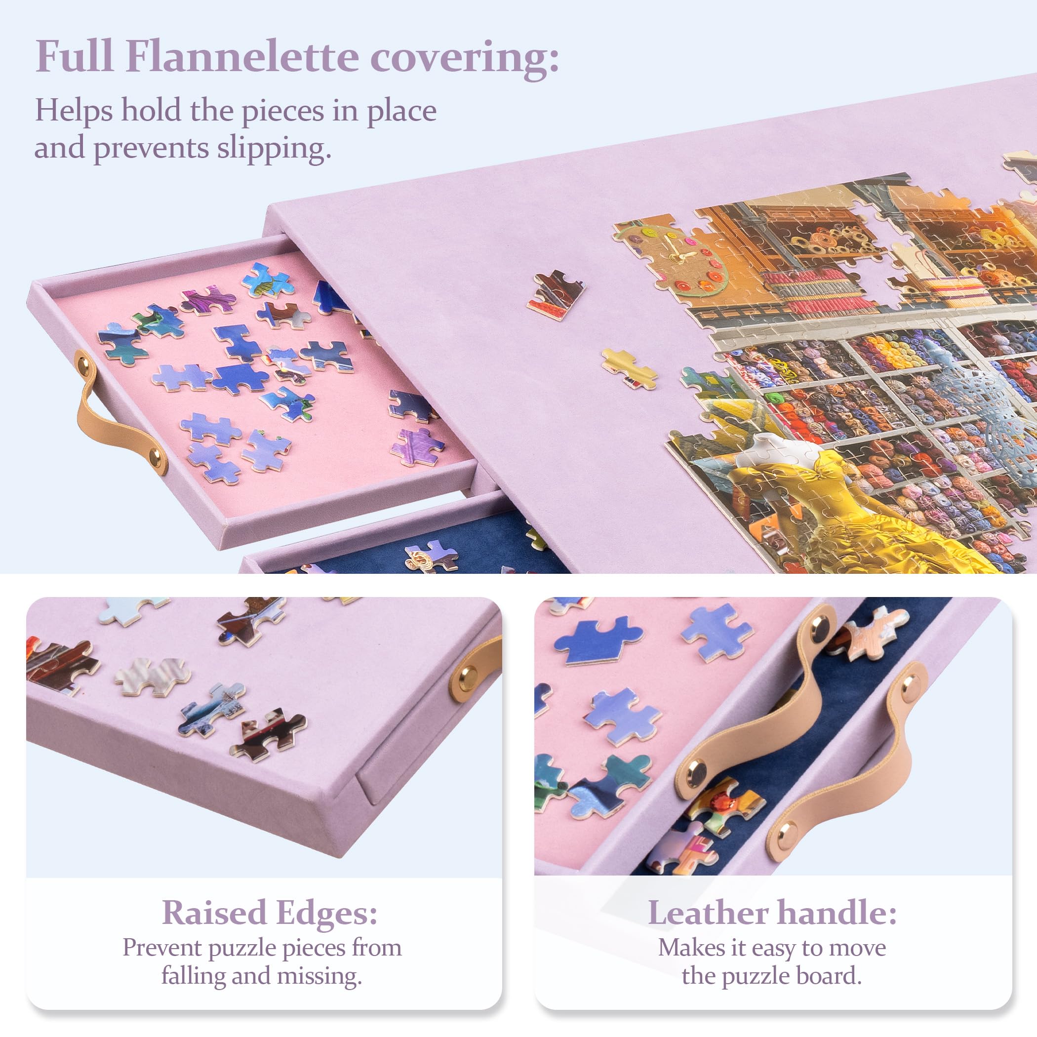 Puzzletisch mit verstellbarem Ständer/Halterung und Abdeckplatte, tragbares Puzzlebrett, DREI Neigungswinkel und sechs Sortierboxen, rutschfeste Flanellmatte, fasst bis zu 1500 Teile