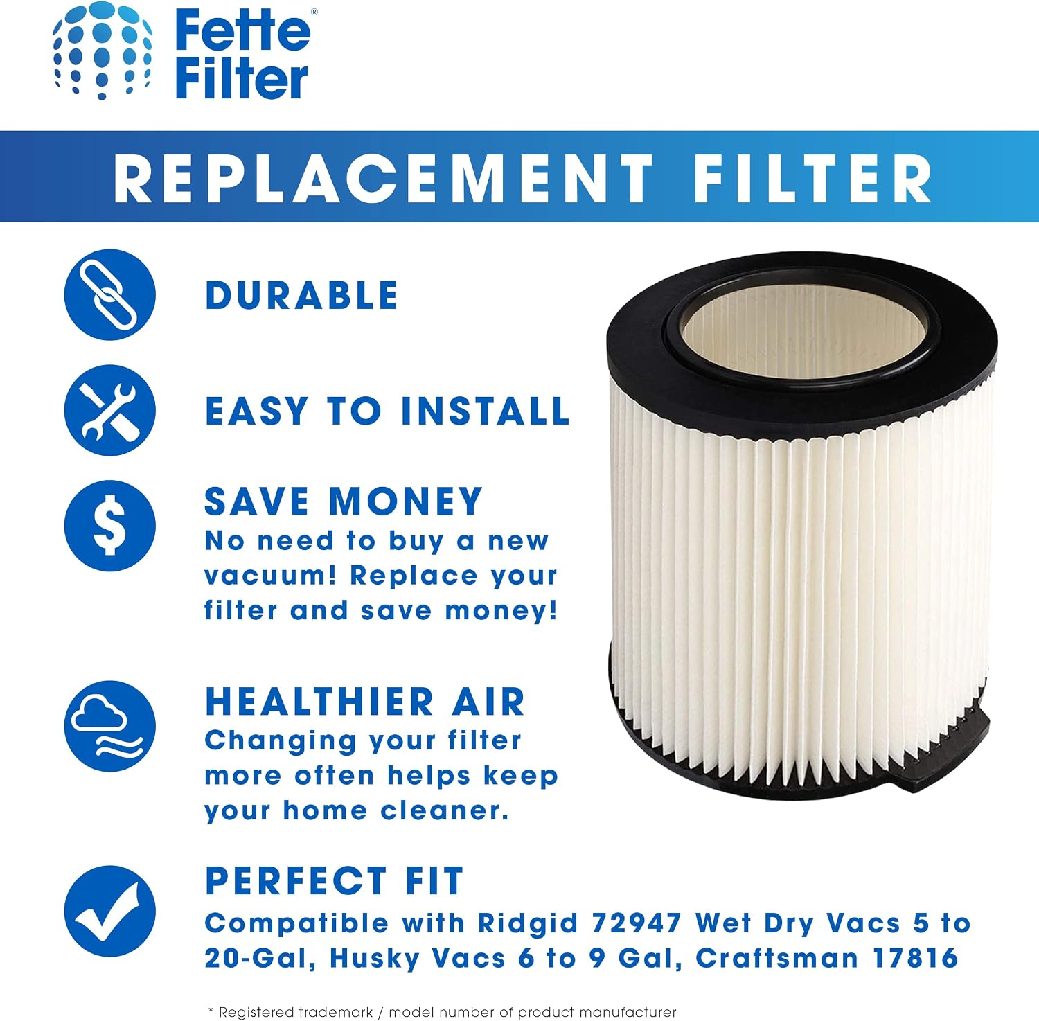 Fette Filter - VF4000 Replacement Filter for 5-20 Gallons and Larger Vacuum Cleaner, Compatible with Ridgid 72947 Wet Dry Vacs 5 to 20-Gal, Husky Vacs 6 to 9 Gal, Craftsman 17816. (2QTY)
