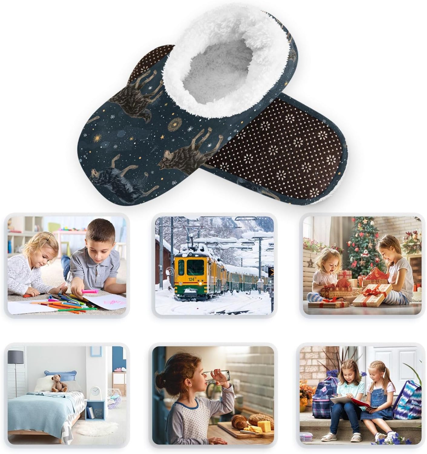 Little Kids Boys Girls House Slippers Wolf Star Blue Animal Boys Girls Home Shoes Winter Indoor XS-S - Image 4