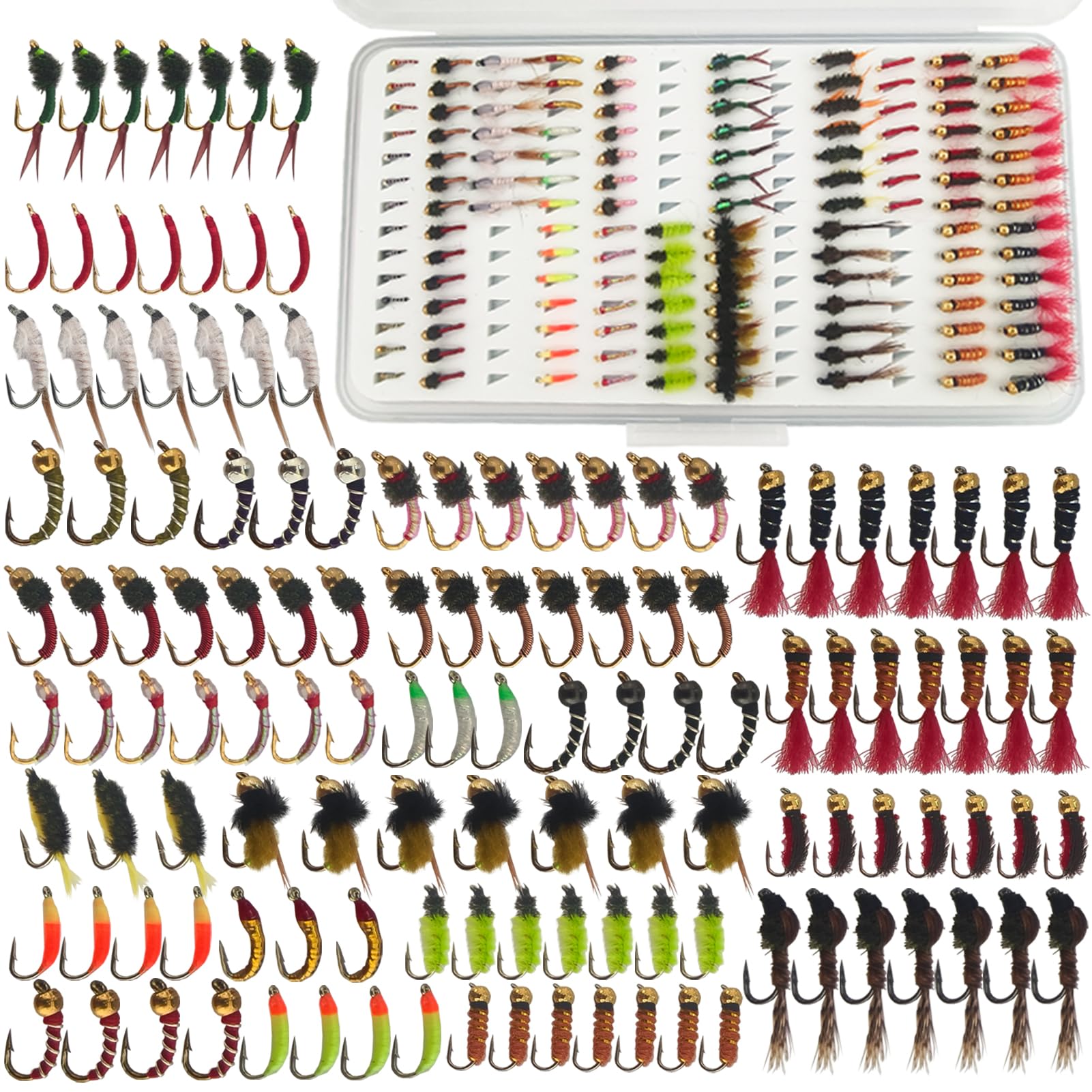 Fliegenfischen Fliegen Set, 134Stk Forellenköder mit Fliegenbox, Trockene Nasse Fliegen Fishing Lures, Nymphen, Streamers, Popper