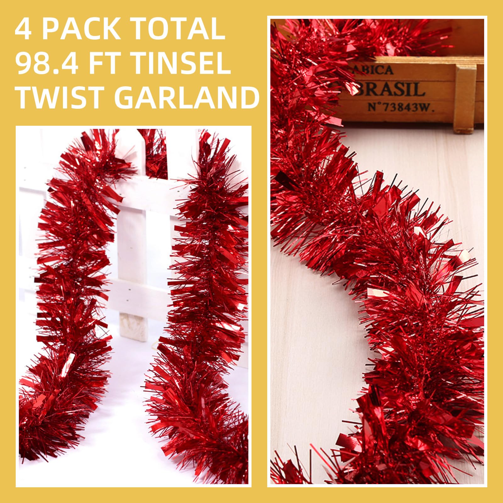 Guirnalda de oropel rojo de 100 pies, guirnalda de oropel del 4 de julio, decoración metálica de oropel para árbol de Navidad, Año Nuevo, vacaciones, fiestas de cumpleaños (3.54 x 50 pies, rojo)