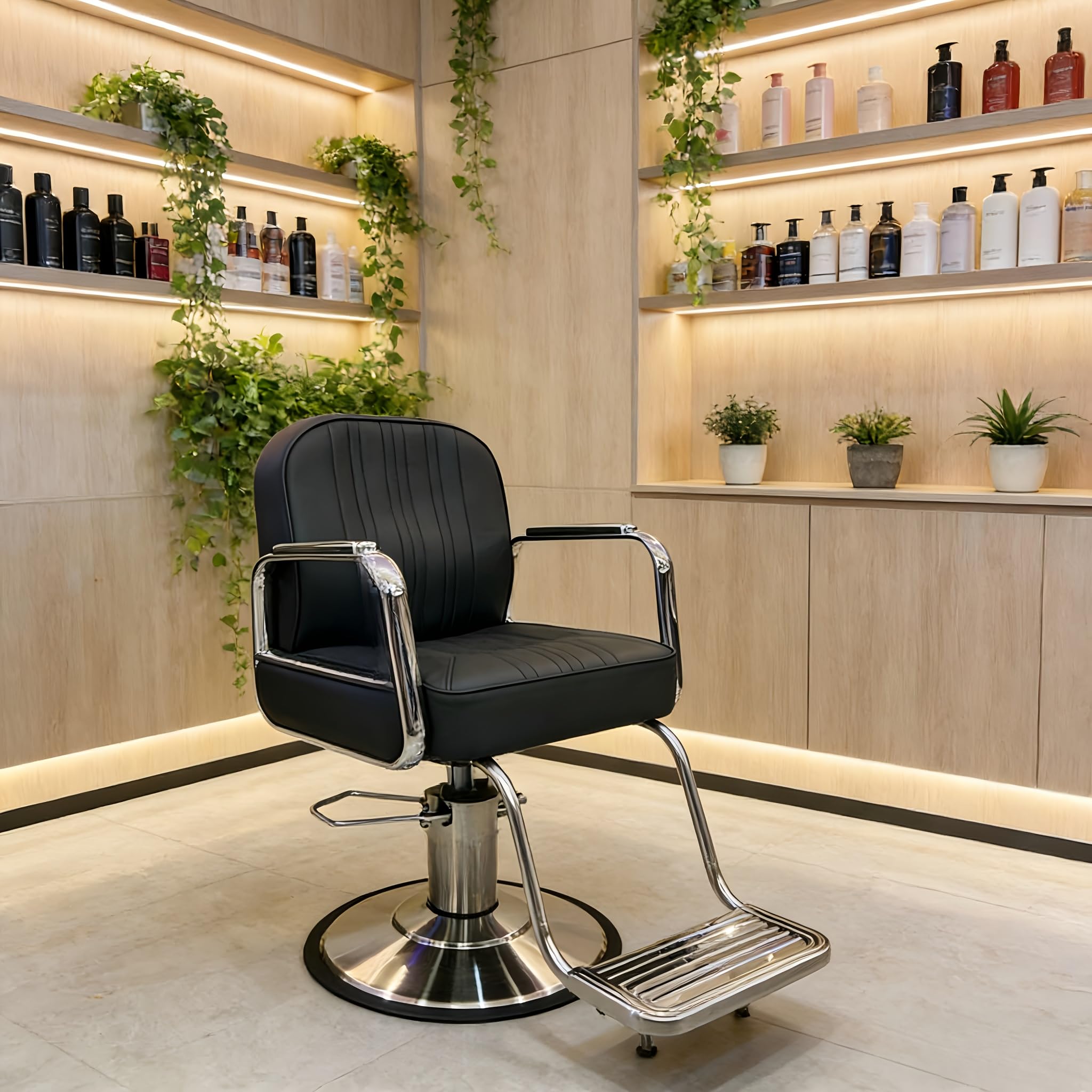 Sillón de peluquería hidráulico con estructura de acero inoxidable, tapizado con costuras verticales, reposapiés metálico, multifunción para barbería, salón de belleza, tatuaje y maquillaje