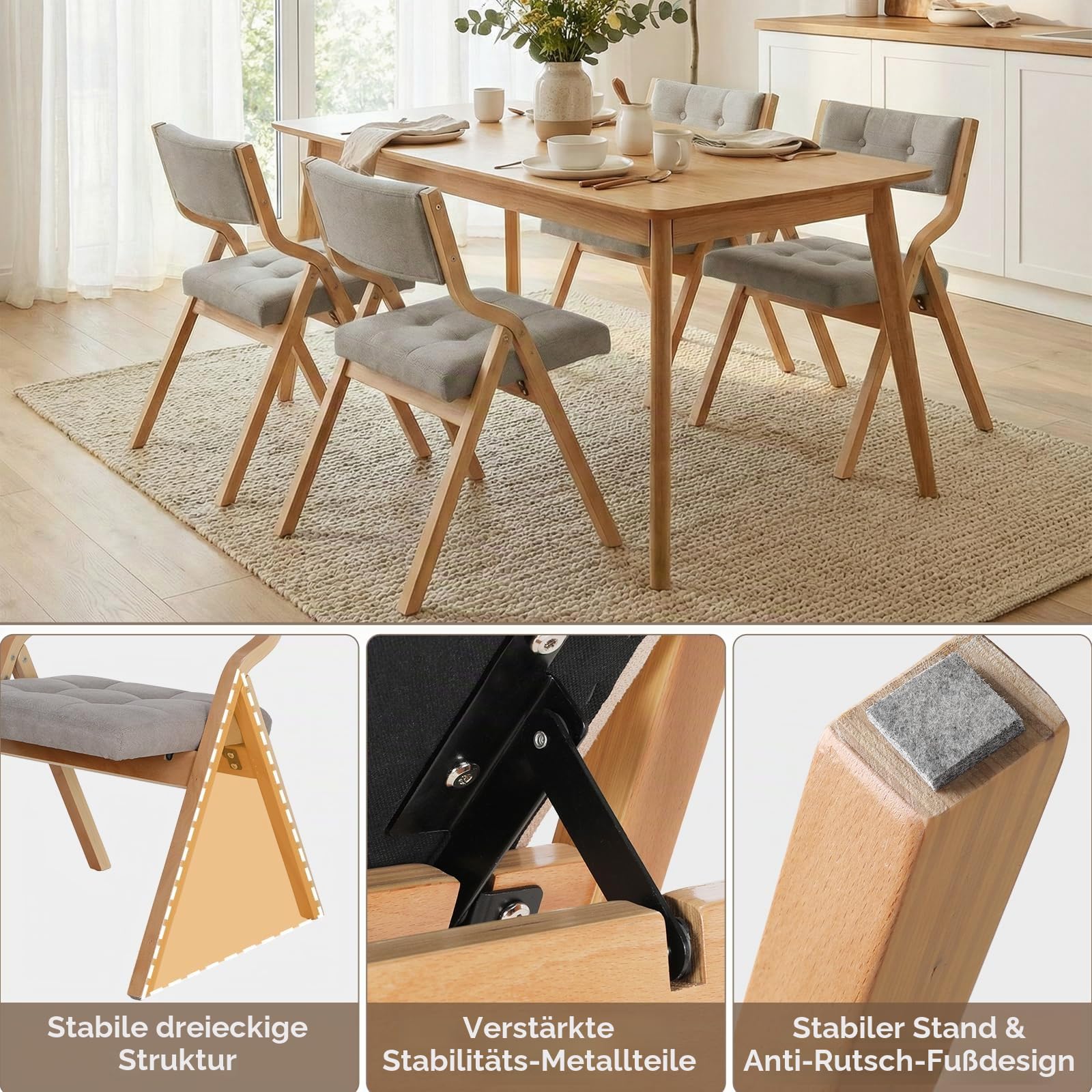 Clevich Gepolsterte Klappstühle, 2er Set aus Gepolsterten Klappstühlen aus Holz, Tragbare Sitzmöbel zum Selbstaufbau, Geeignet für Gäste, Küchen, Büros, Hochzeiten und Partys (2pcs, Grau)