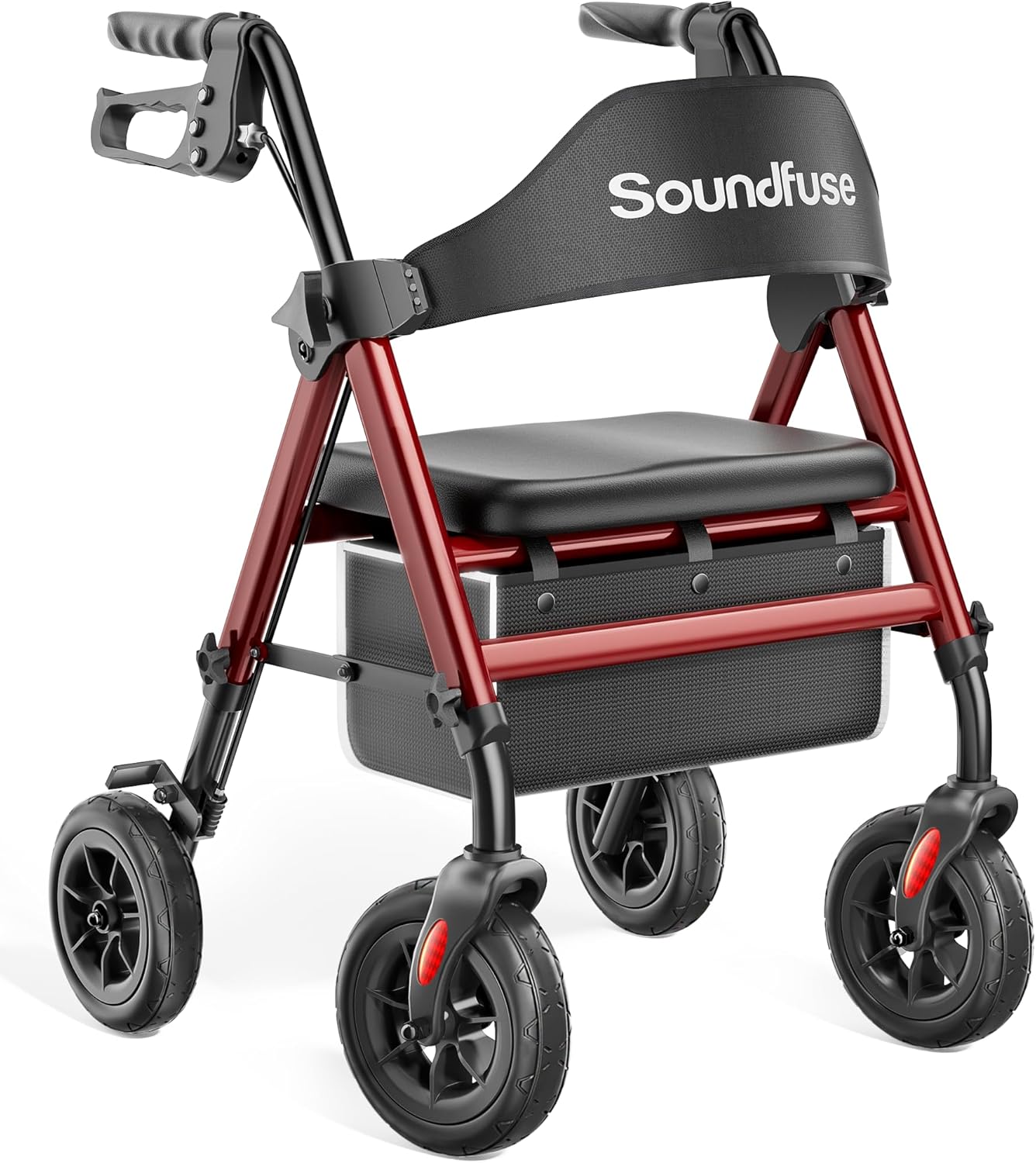 Rollator Walkers for Seniors with Seat, Foldable Lightweight Rolling Walker with 8" Big PU Wheels, Ergonomic Seat, Dual Height Adjustment Red