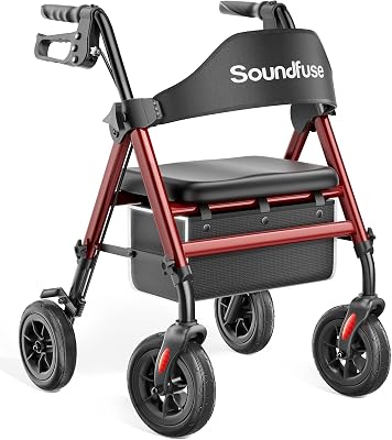 soundfuse Foldable Rollator Walkers for Seniors with Seat, 8'' PU Wheels | Ergonomic Padded Seat, Lightweight Aluminum Frame, Dual Height Adjustable, Rolling Walker with Big Storage Bag for Daily Use