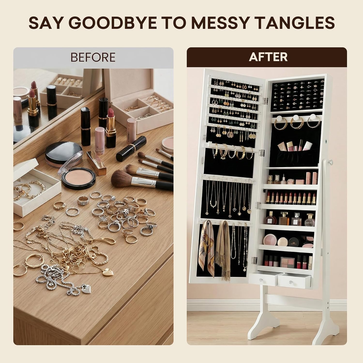 Antok Full Length Jewelry Cabinet with Mirror & Large Storage - 61" Standing Lockable Armoire Organizer, Floor to Ceiling Model for Bedroom or Dressing Room, White