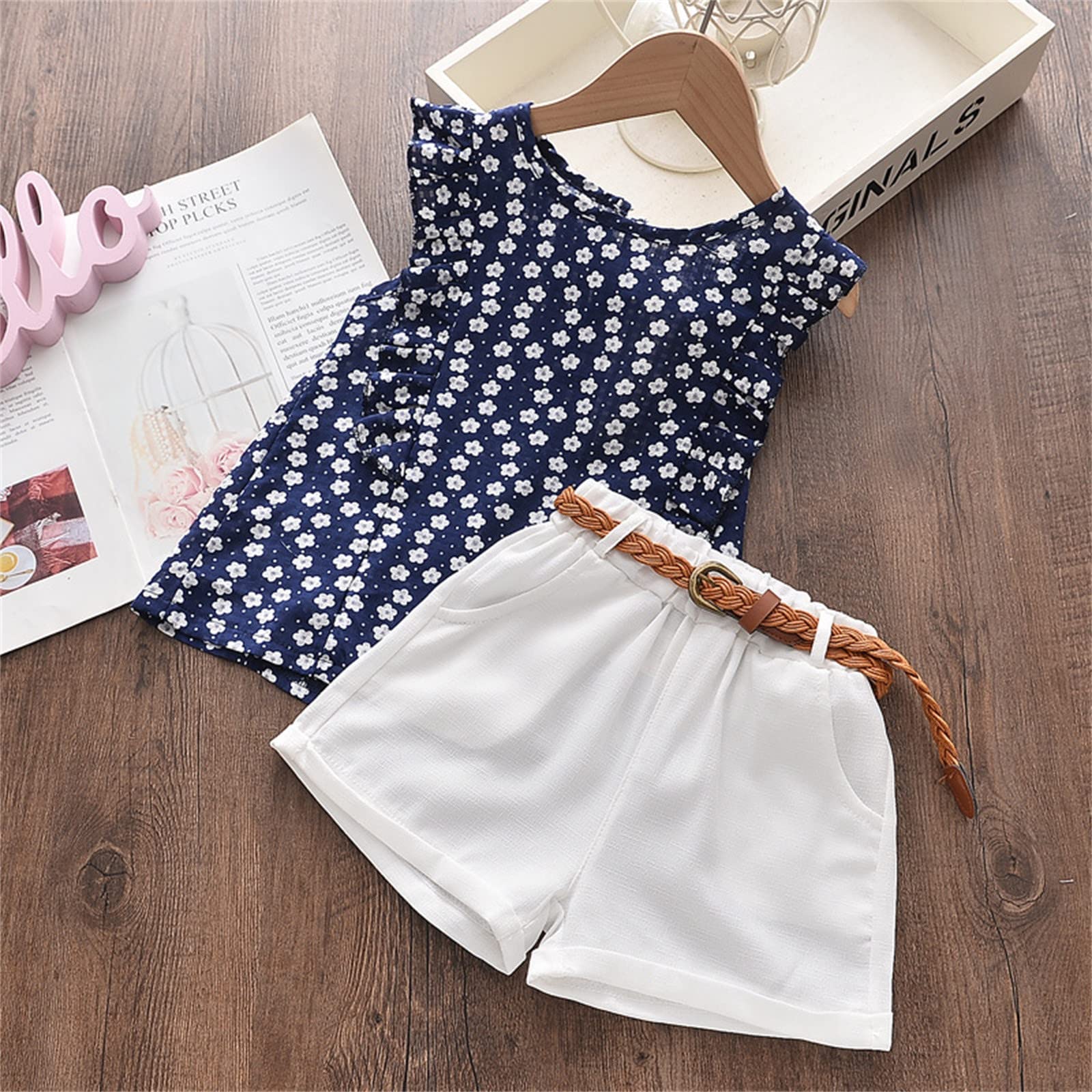 Ensemble Ete Enfant Fille 2-7 ans Classique Ensemble Débardeur sans Manches Et Short Fille Chic Et Elegant Dentelle Fluide Costume 2 Pièces Habillée Casual Plage Vacances