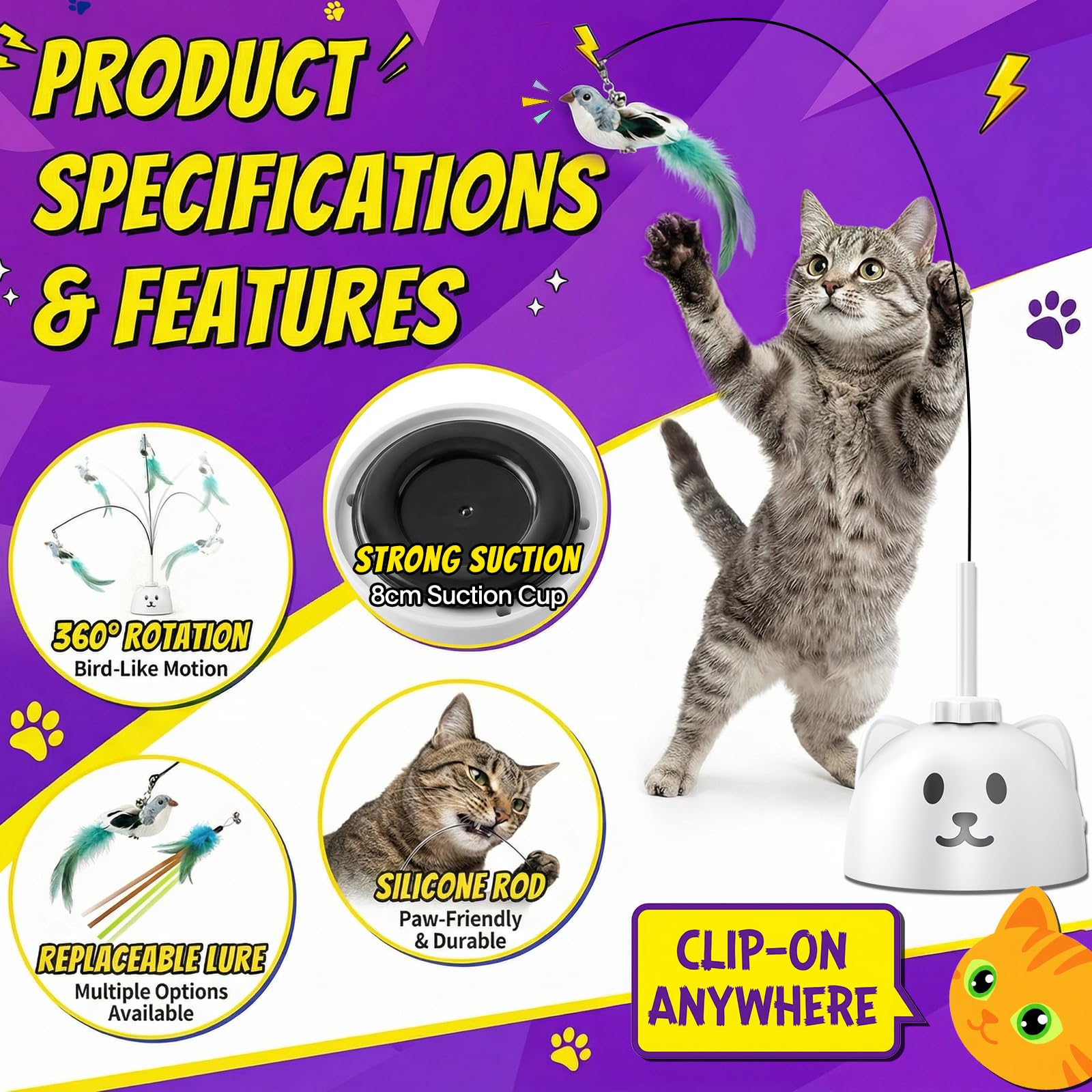 Juguetes interactivos para gatos de interior: varita de plumas de pájaro volador de giro automático de 360° mejorada con varilla protegida de silicona, fuerte ventosa de 8 cm, recargable por USB para