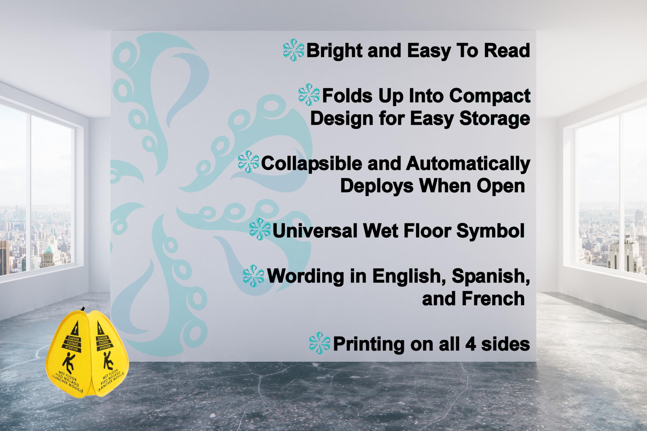 Kraken Sign Co - Señal emergente amarilla bilingüe de 4 lados bilingüe inglés/español/francés, advertencia emergente de precaución para suelo húmedo, 40.6 cm para restaurante, seguridad comercial e
