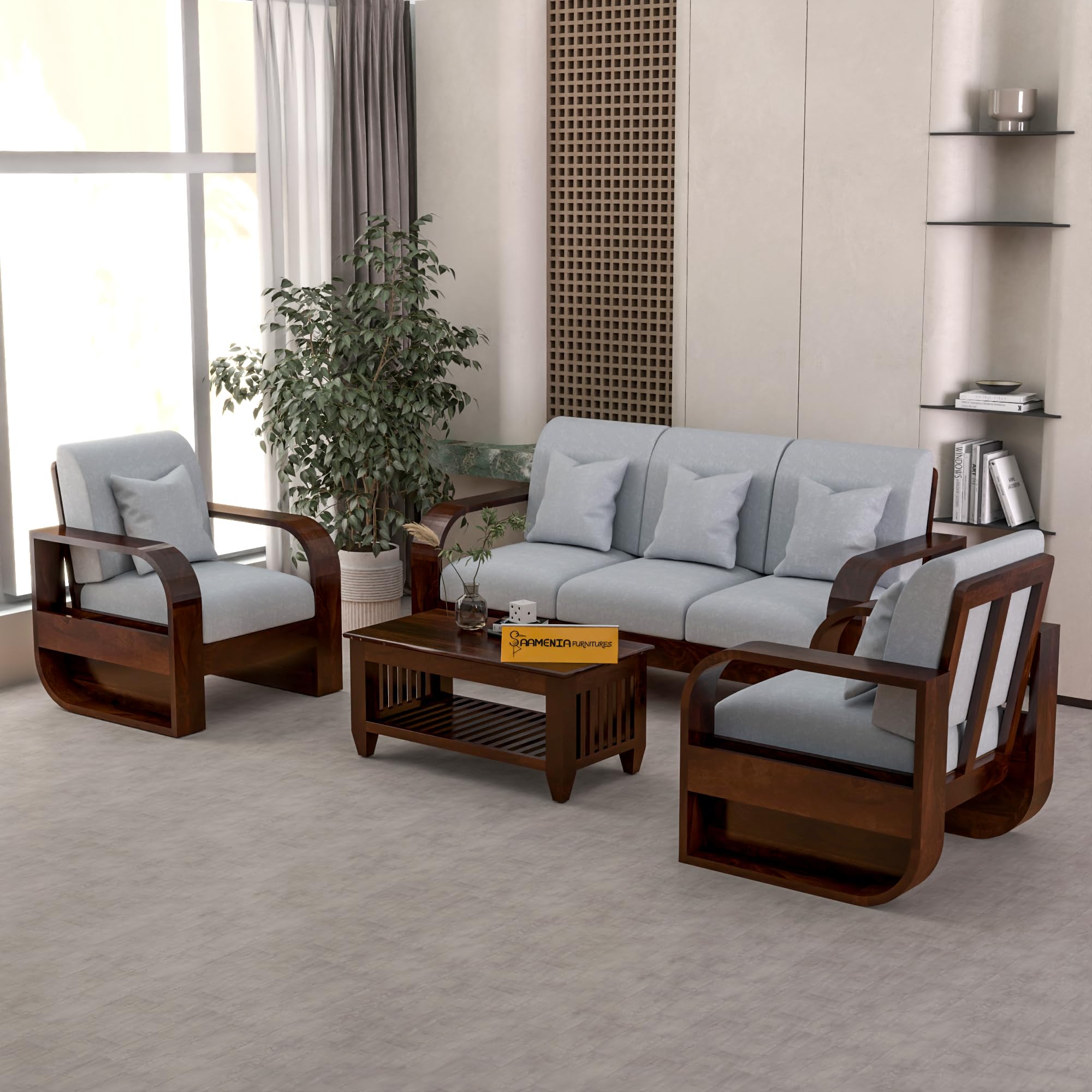 Solid Sheesham Wooden 5 Seater Sofa Set Without Coffee Table with Grey Cushion for Living Room Furniture - Walnut Finish (3+1+1)-image-47
