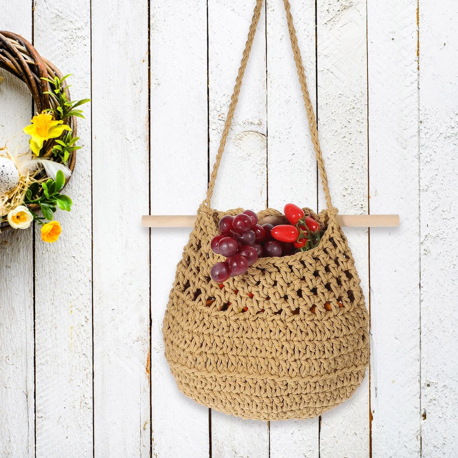 Boho Cotton Rope Fruit Hanging Basket Small Brown Woven Wall-mounted Kitchen Storage Organizer Vegetable Holder