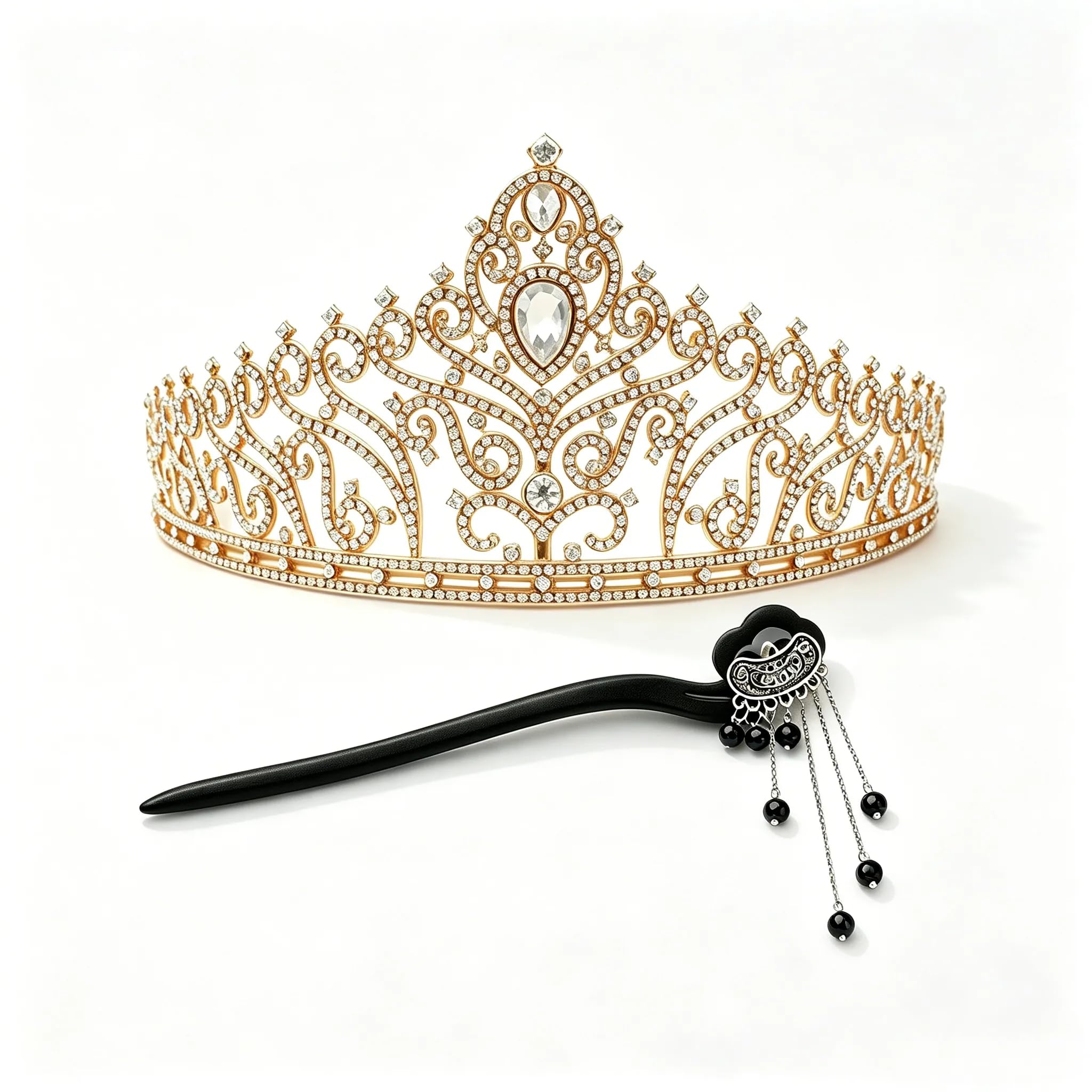 Set di 2 accessori per capelli cinesi Hanfu, corona cava con strass e spirale in legno nero, perline argentate corte con nappa, decorazione per capelli in stile vintage antico per servizi