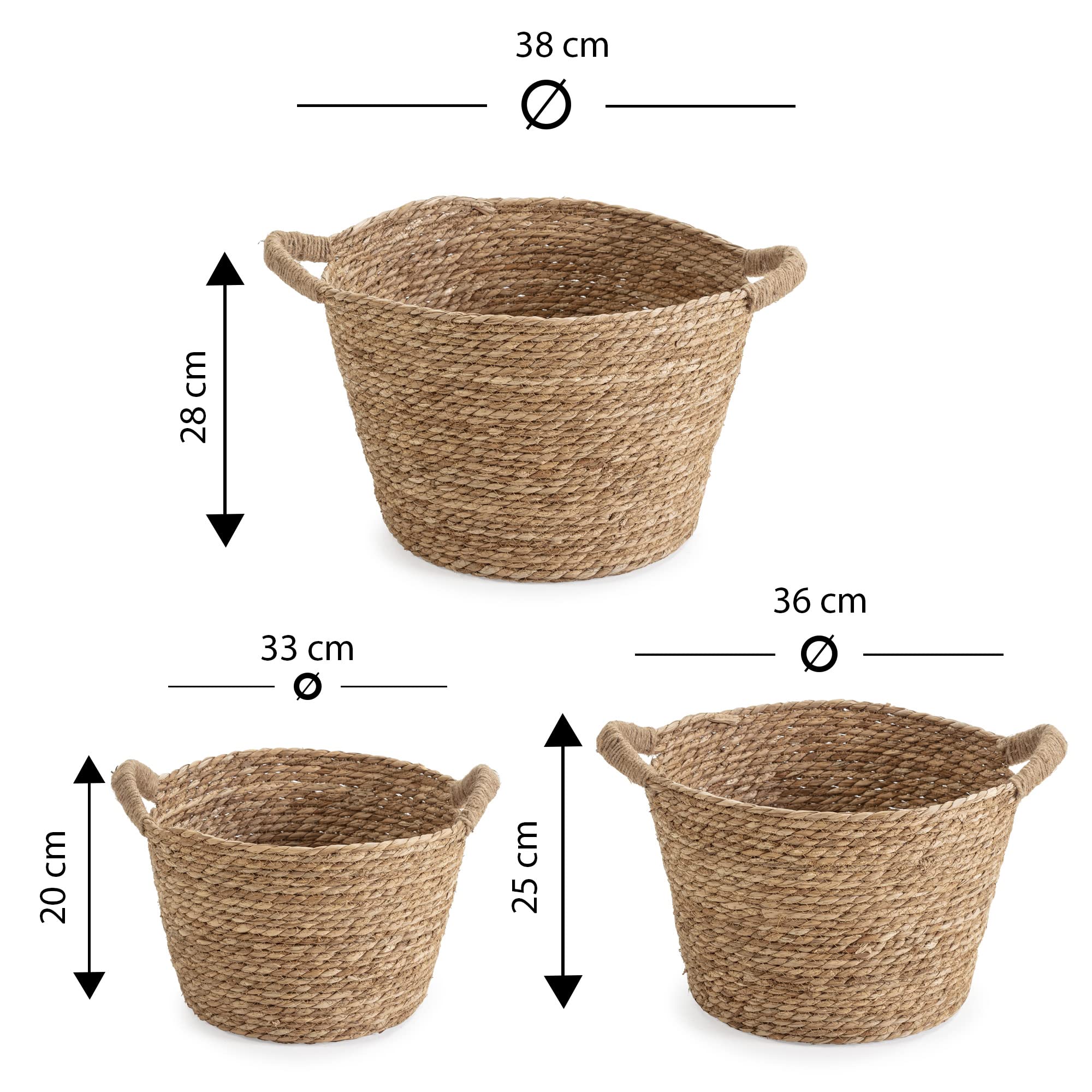 Set de 3 cestas Icia de fibra natural con asas