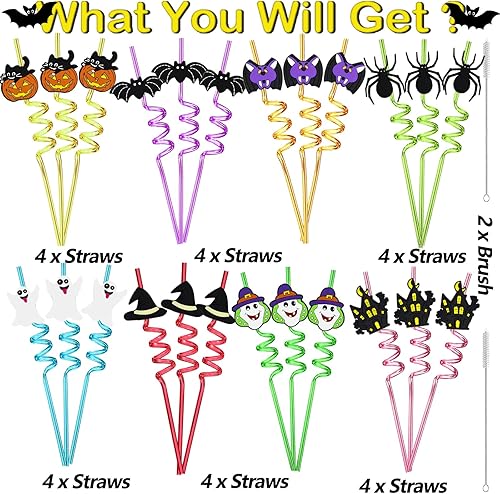 Miniatura 4 de 24 popotes reutilizables para fiestas de Halloween, murciélagos, calabazas, fantasmas, gatos, brujas, arañas, fantasmas, popotes reutilizables,