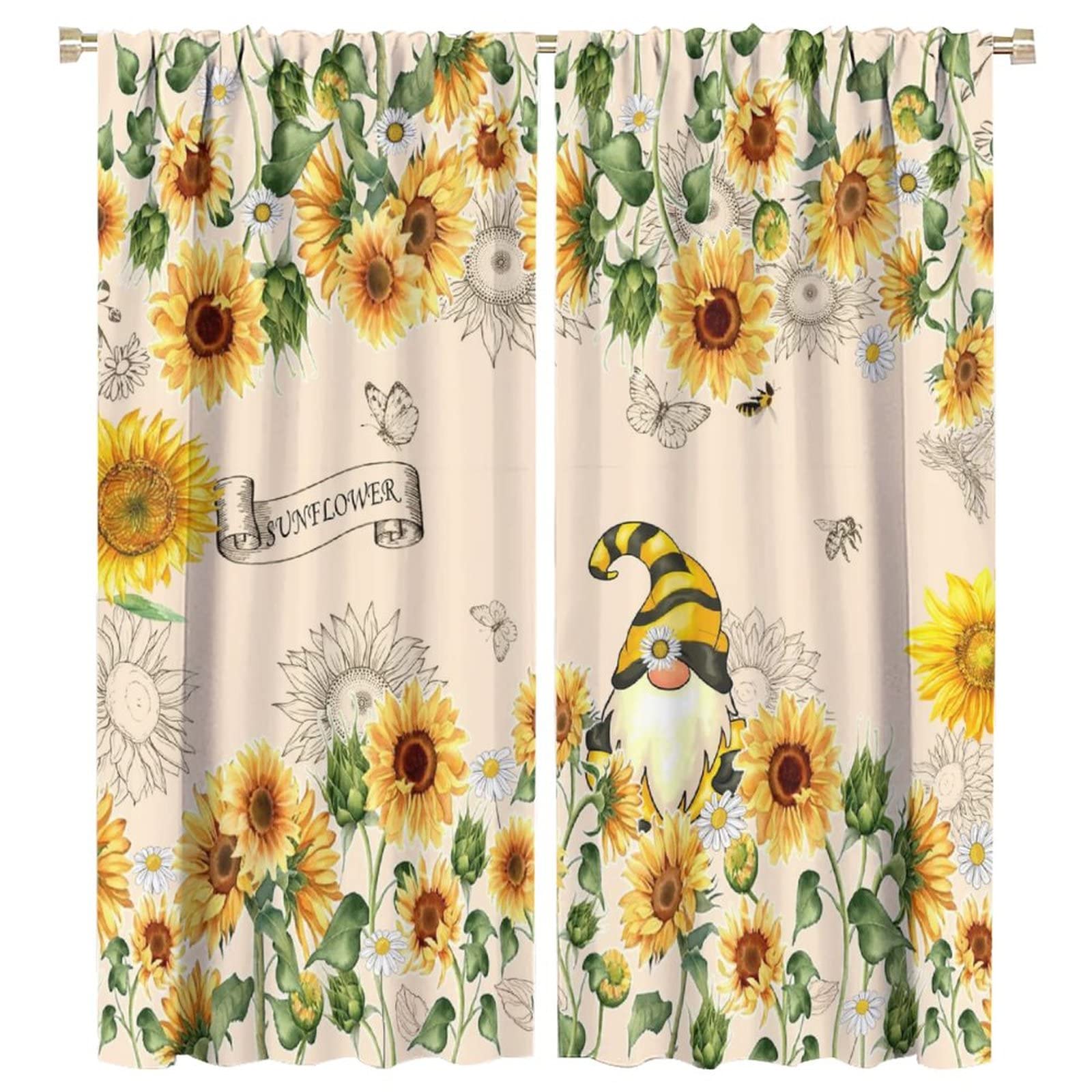 Sunflower Spring Window Curtains, Rustic Farmhouse Flower Window Treatments Gnomes Bees Butterfly Floral Rod Pocket Window Drapes for Bedroom Living
