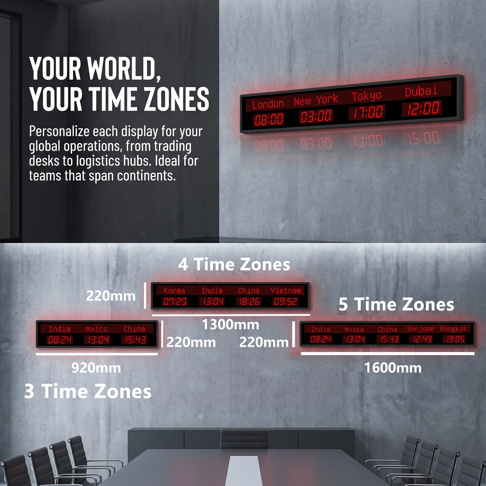 Mehrzeitzonen-bürouhr, Wanduhr Mit Stadt- Und Weltzeitanzeige, Stadt Einstellbar, Digitales Led-Display, Für Flughäfen, Büros, Multinationale Unternehmen Und Hotels 3 Time Zones
