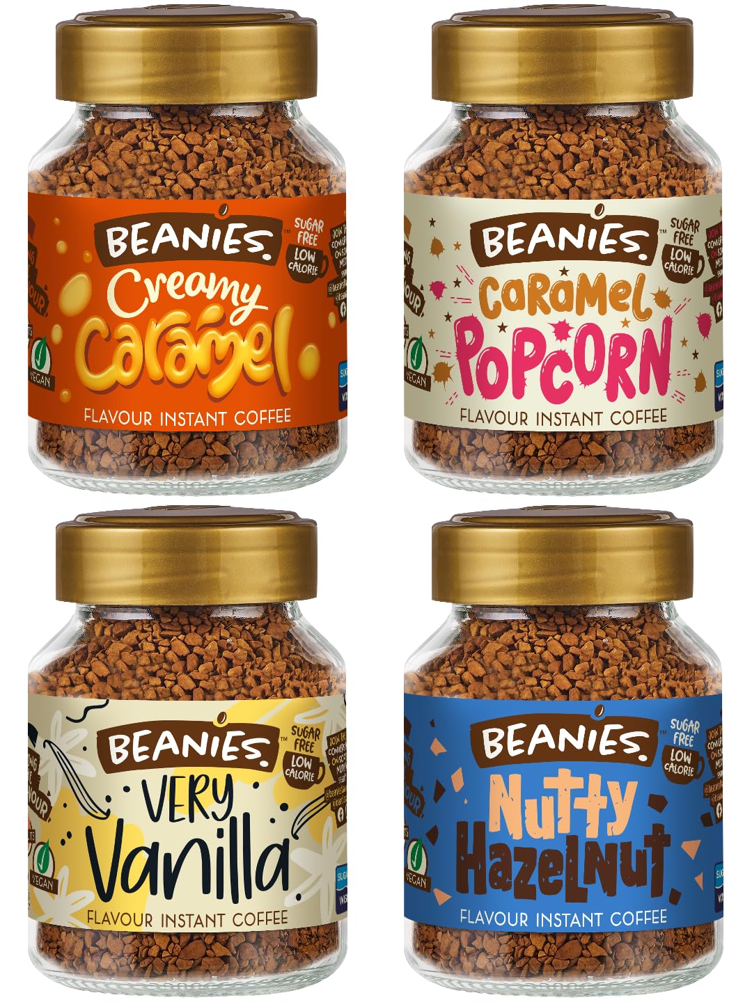 Beanies Instant Coffee with Creamy Caramel x 2, Very Vanilla x 2, Caramel Popcorn x 2, and Nutty Hazelnut x 2, Flavours, 400g (50g x 8 pack) - Delicious, Rich in Flavour, Low-Calorie, Sugar-Free