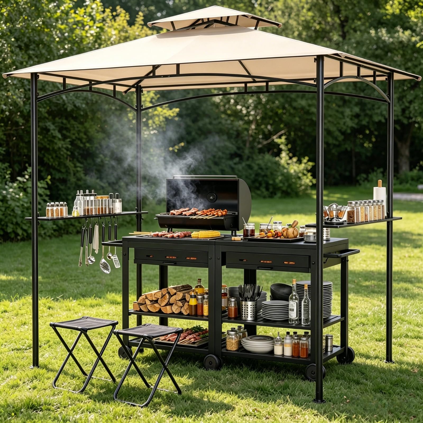 KOMFOTTEU Pawilon grillowy, pawilon BBQ z podwójnym dachem i ochroną przed słońcem, zadaszenie grilla z 2 półkami bocznymi i 6 haczykami, stojak na grilla z metalową ramą, do ogrodu i na taras, 242 x