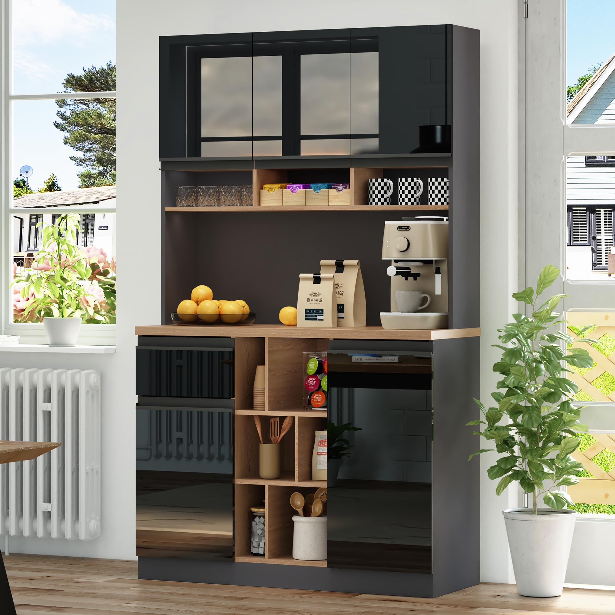 ModernLuxe Kitchen Sideboard Storage Cabinet, 105 x 45 x 185 cm Pantry Cupboard with High Gloss Doors, Drawers, Open Storage and Adjustable Shelves, Anti-Tip Design for Dining Room, Black & Natural