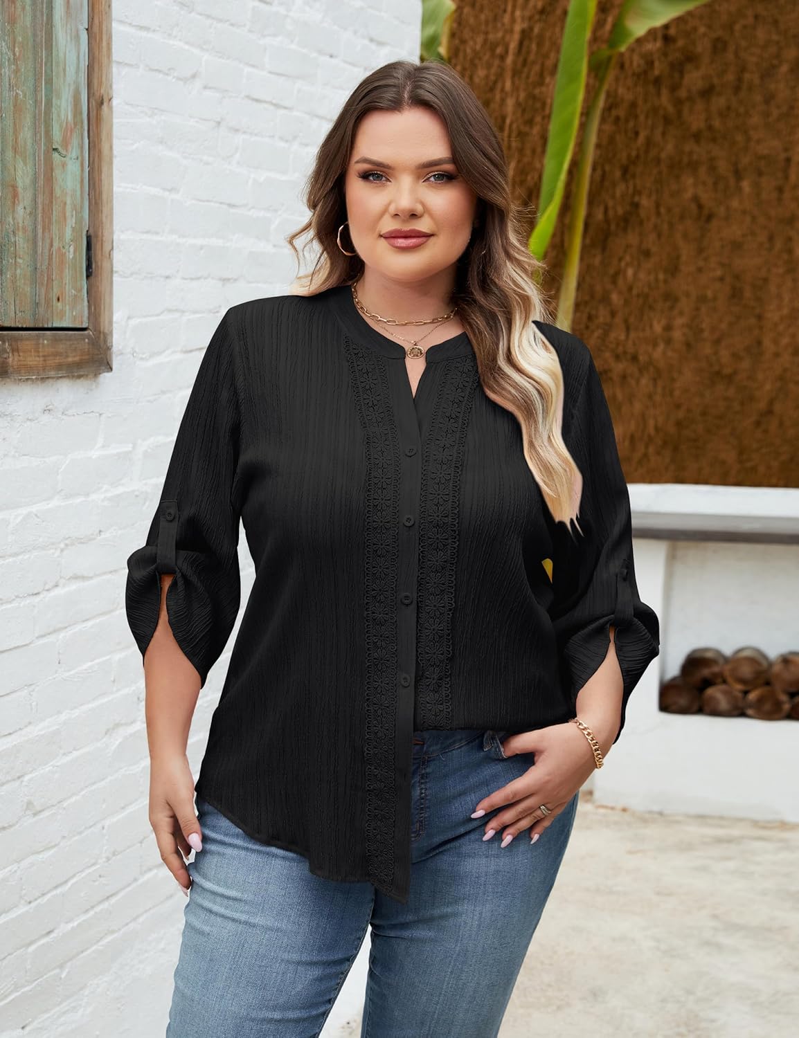 Blooming Jelly Womens Button Down Shirts Lace Crochet Dressy Casual Tops 3/4 Sleeve Work Summer Outfits 2026 - Image 5