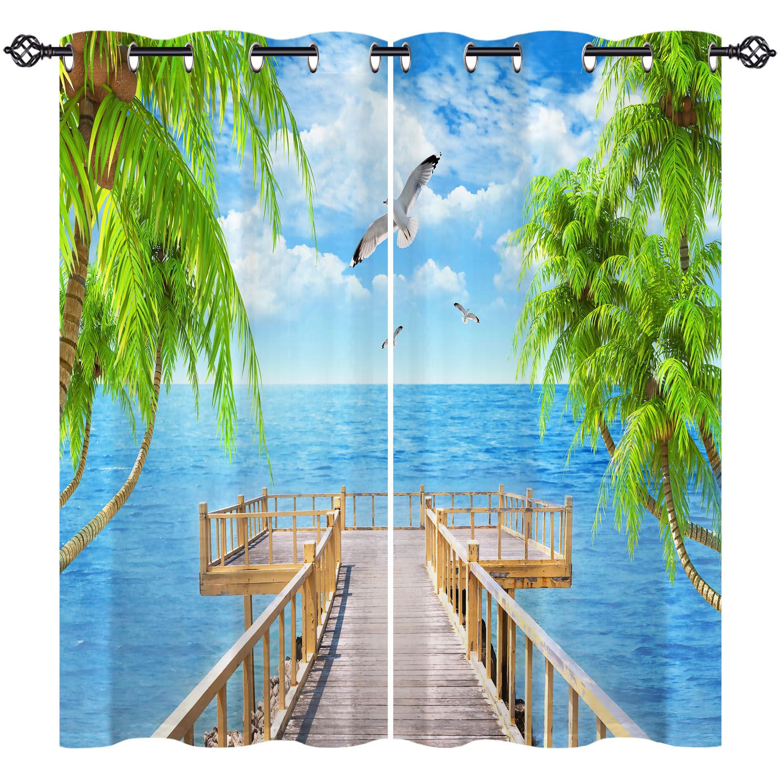 ANHOPE Custom Blackout Curtains Customized Size Eyelet or Rod Pocket Curtains Quay Palm Tree Ocean Beach Seagull Print Pattern Personalized Thermal Insulated Drapes for Bedroom Living Room 2 Panels