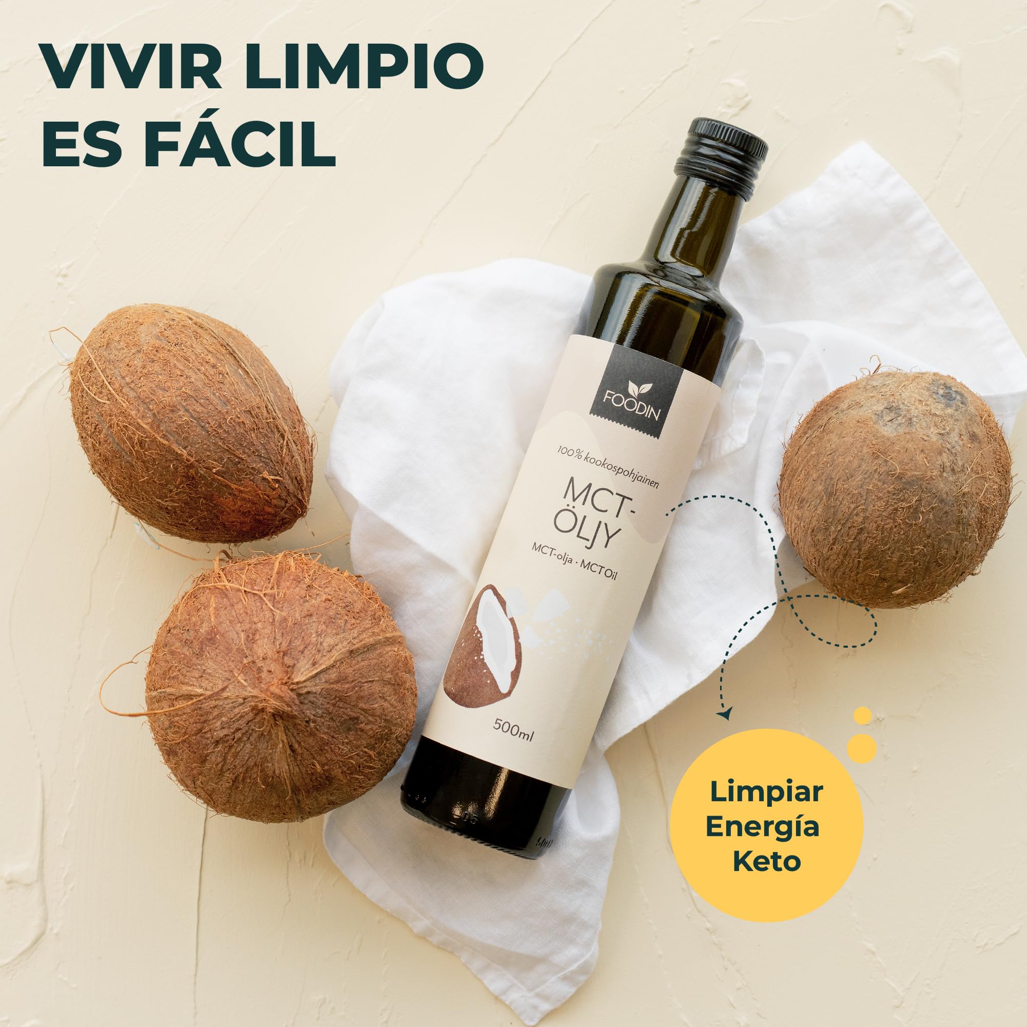 FOODIN Aceite MCT 1000 ml (2 x 500 ml) 100% aceite de coco, triglicéridos de cadena múltiple, vegano, sin gluten, para cetogénica