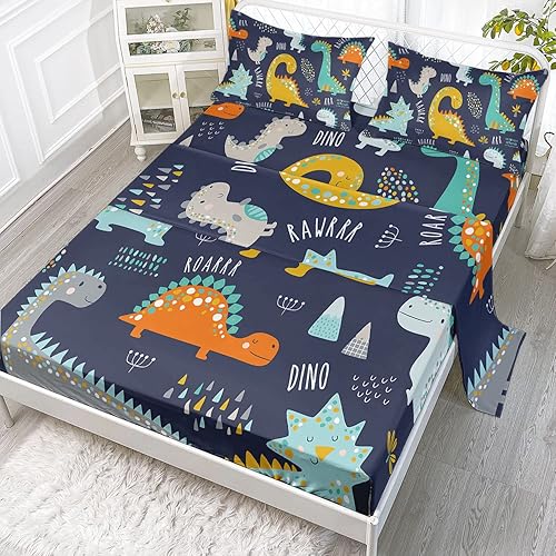 Datura home Juego de sábanas de dinosaurio de dibujos animados T-Rex, 4 piezas para niños, bonito juego de sábanas con estampado de dinosaurios de