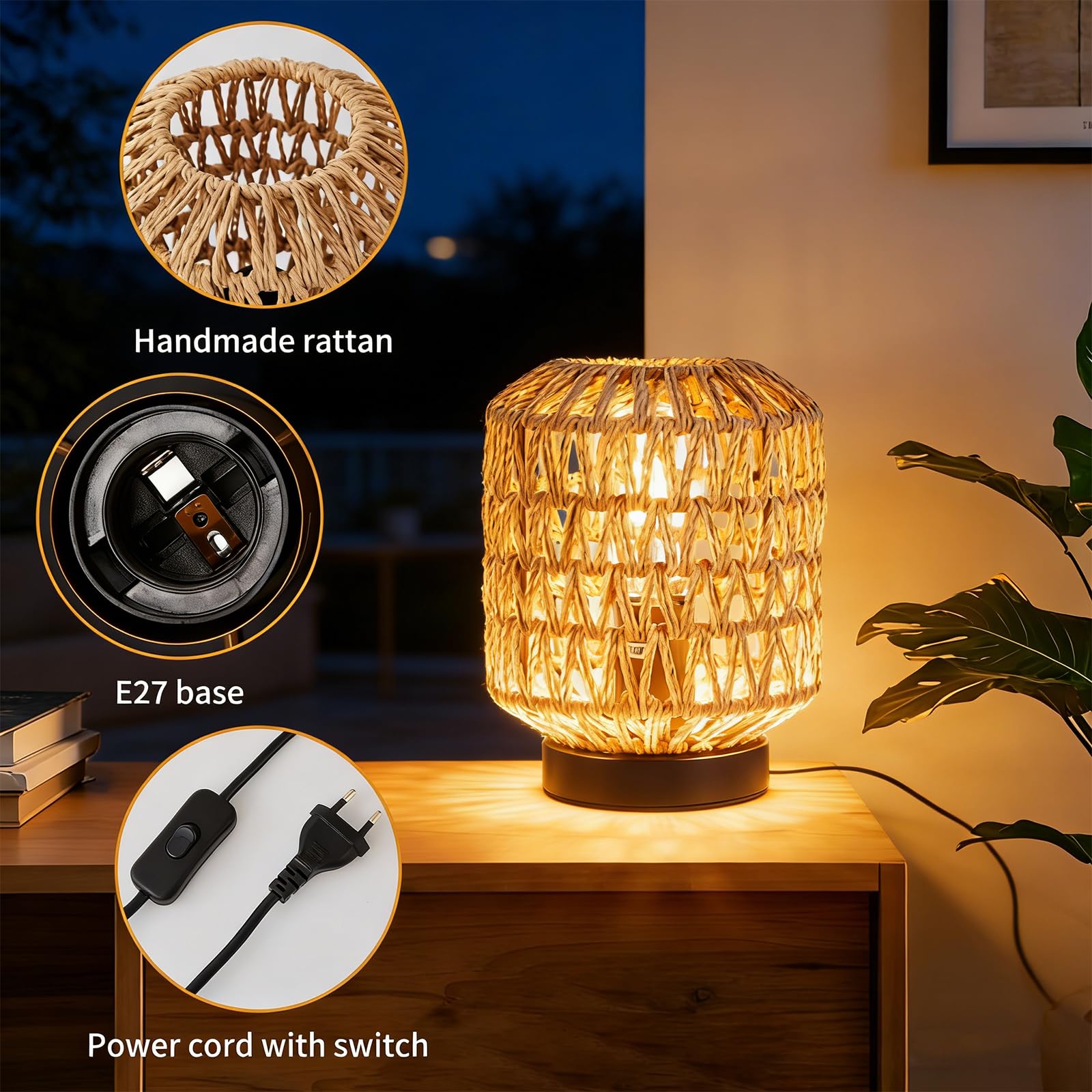 WILON Tisch Lampe, Rattan Tischlampe Kleine, Tischlampe mit Stecker, E27 Schreibtischlampe Retro, Handgewebte Lampenschirme, Nachtlicht Lampe für Schalfzimmer Kinderzimmer, Esszimmer, Hochzeit