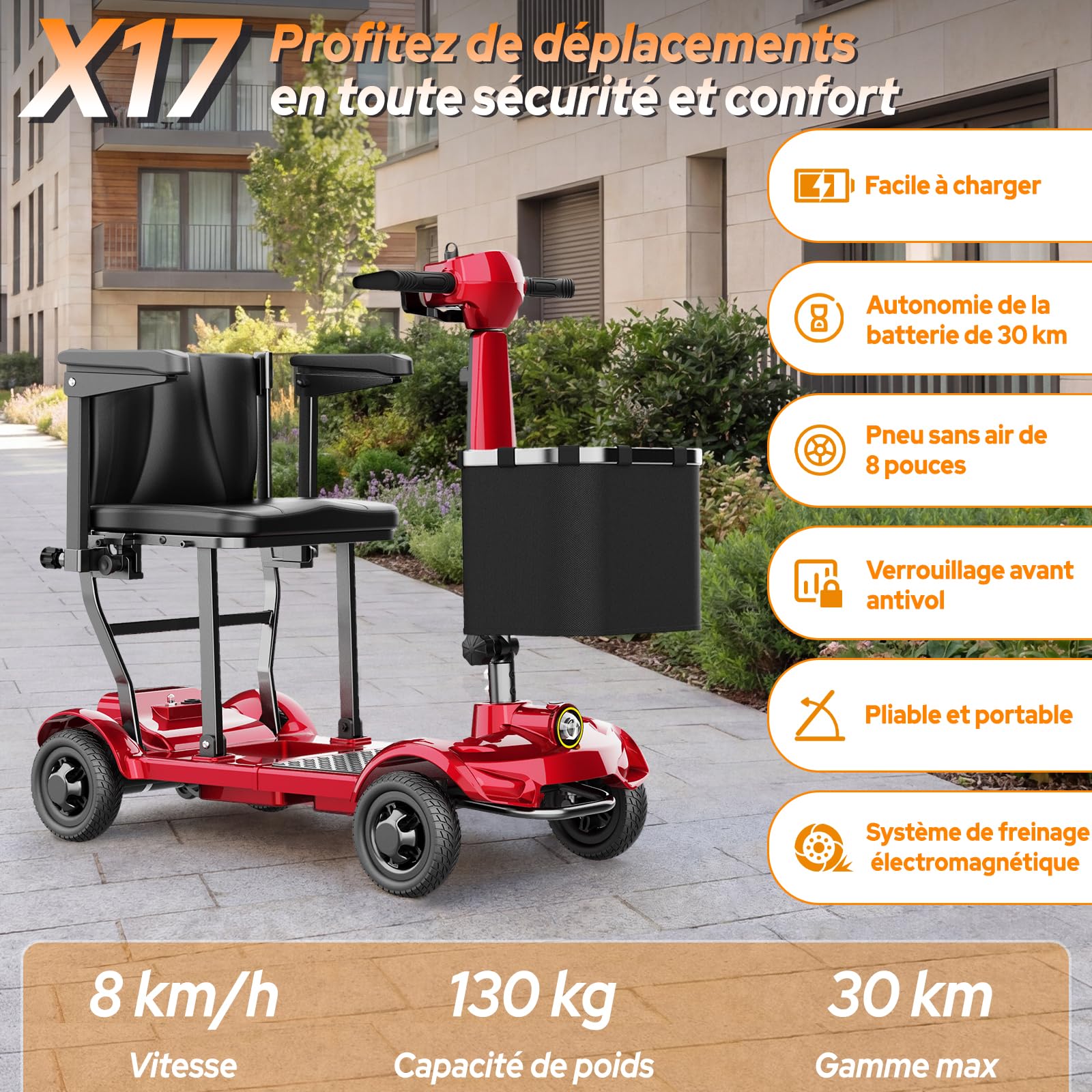 TODIMART X17 Scooter de Mobilité à 4 Roues,Autonomie Longue 30–35 km,20kg Pliable et Légère pour Adultes et Seniors,Écran Numérique LED,Lumières Vives,130kg,Scooter Electrique Leger