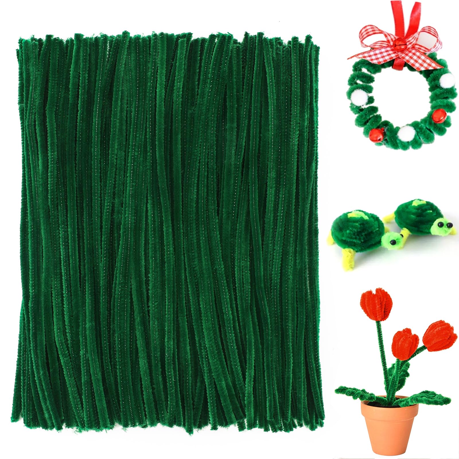 G2PLUS Green Pipe Cleaners for Craft, 200PCS Long Crafting Pipe Cleaners for Christmas Craft, 6mm Chenille Stem for DIY, 30cm Pipe Cleaners for Christmas Tree Project Decoration