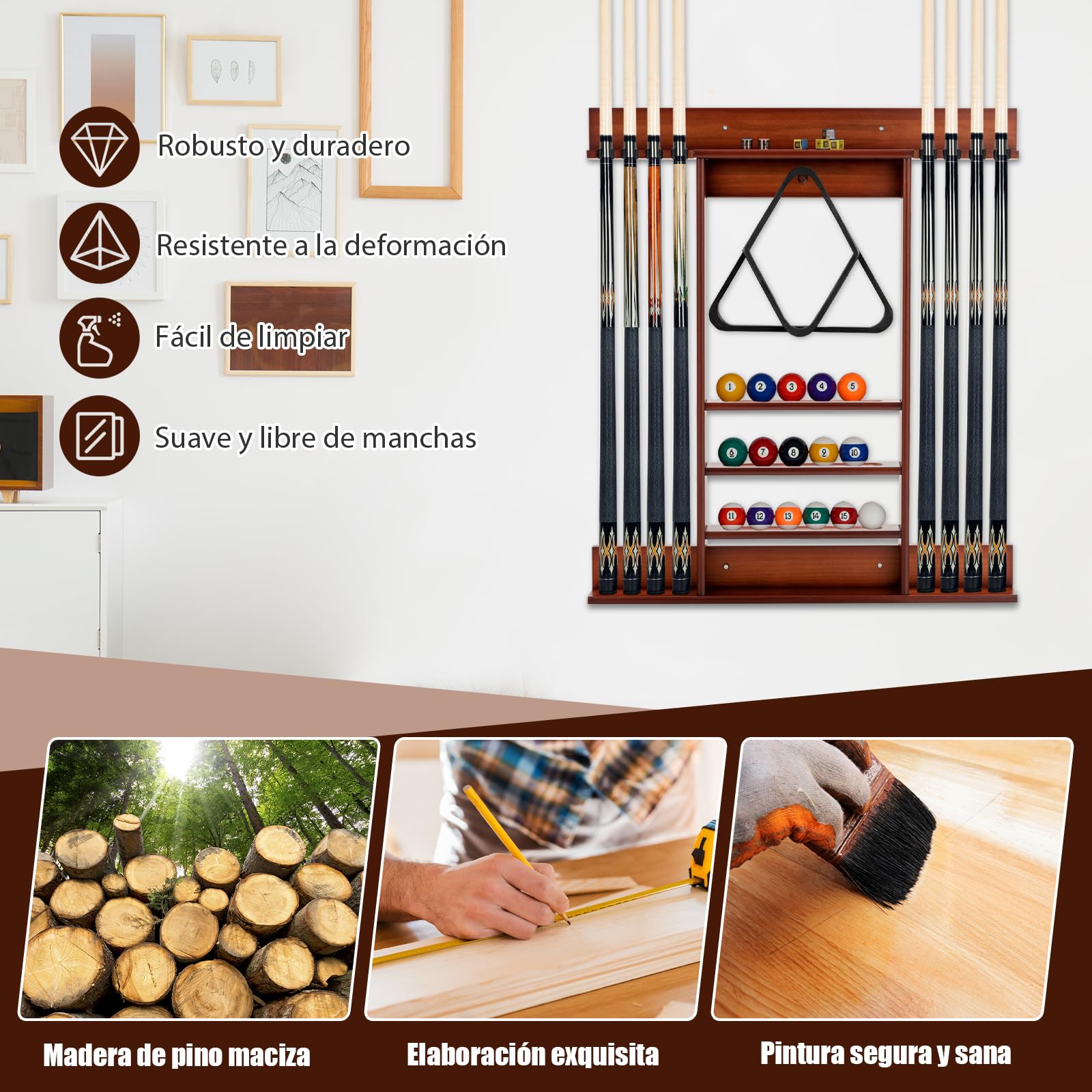 GOPLUS Soporte para Tacos de Billar de Madera de Pino, Soporte para 8 Tacos, 15 Bolas de Billar y Accesorios de Billar, Taquera Billar para Sala de Billar, Bar, Club, Montaje en Pared (Marrón)