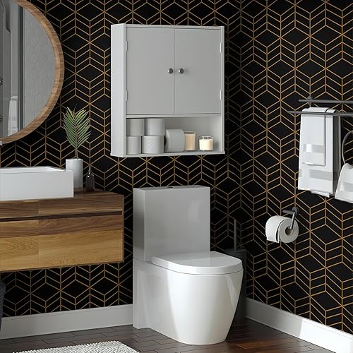 Miniatura 7 de Papel tapiz geométrico para despegar y pegar, papel de contacto hexagonal geométrico para gabinetes, papel tapiz negro y dorado para baño,