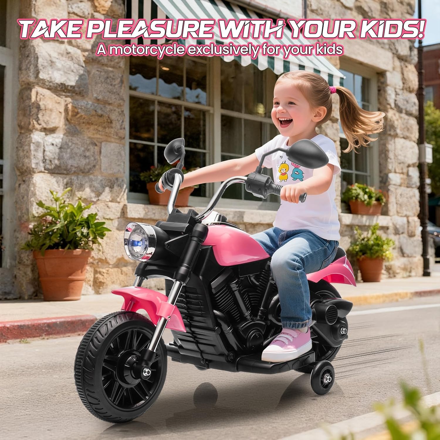 Kids Motorcycle, 12V Battery Powered Electric Motorcycle, 3-Wheel Ride On Motorcycle w/Training Wheels, Reverse, Headlight, Horn, Music, Ride On Toy for Kids Toddler Boys Girls Ages 3-5 Years (Pink