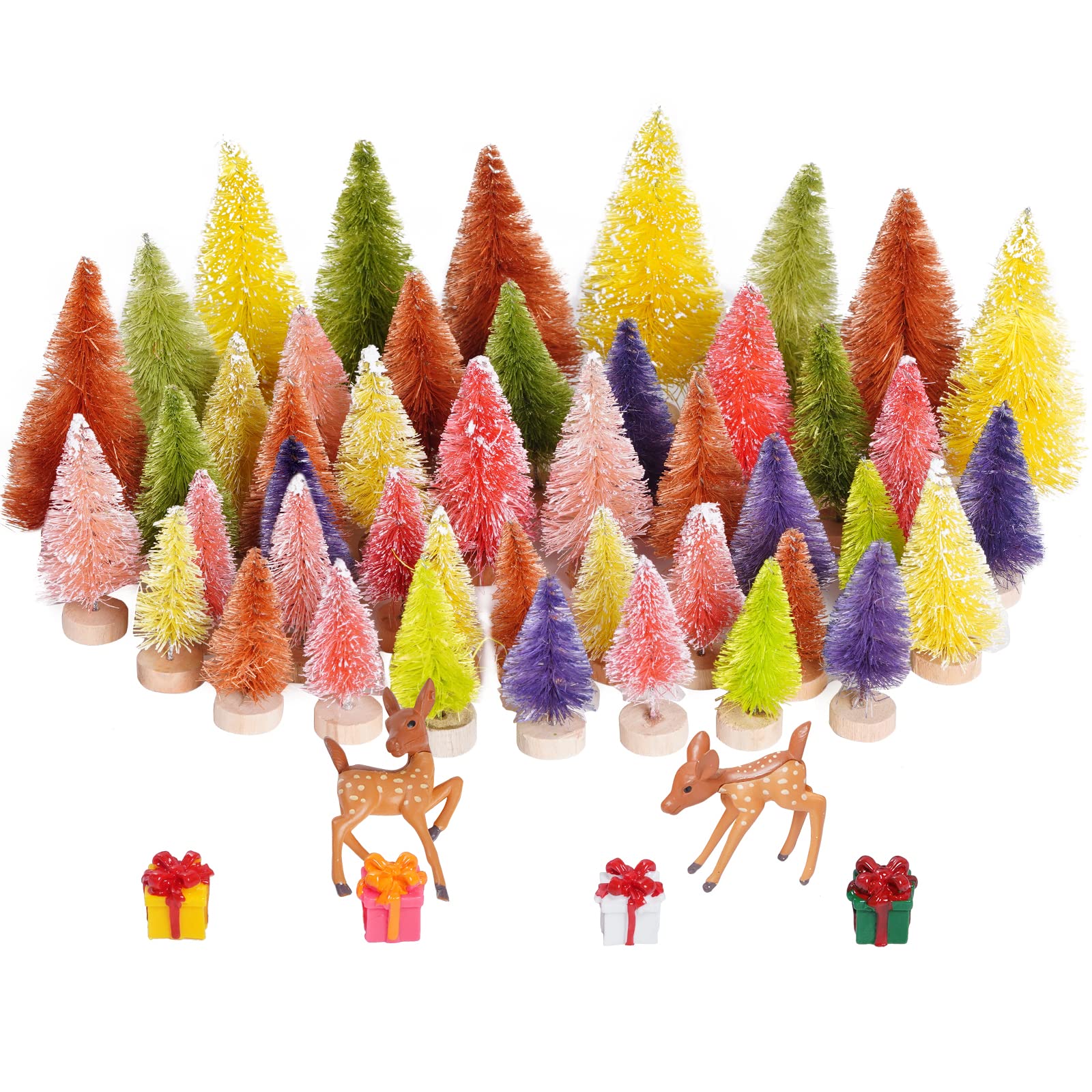 Yookat 51Pcs Mini Pine Trees Artificial Mini Trees with Wood Base Sisal Trees Bottle Brush Trees Assorted Color and Deer Boxes Winter Snow for Christmas Decoration (Multicolor-03)