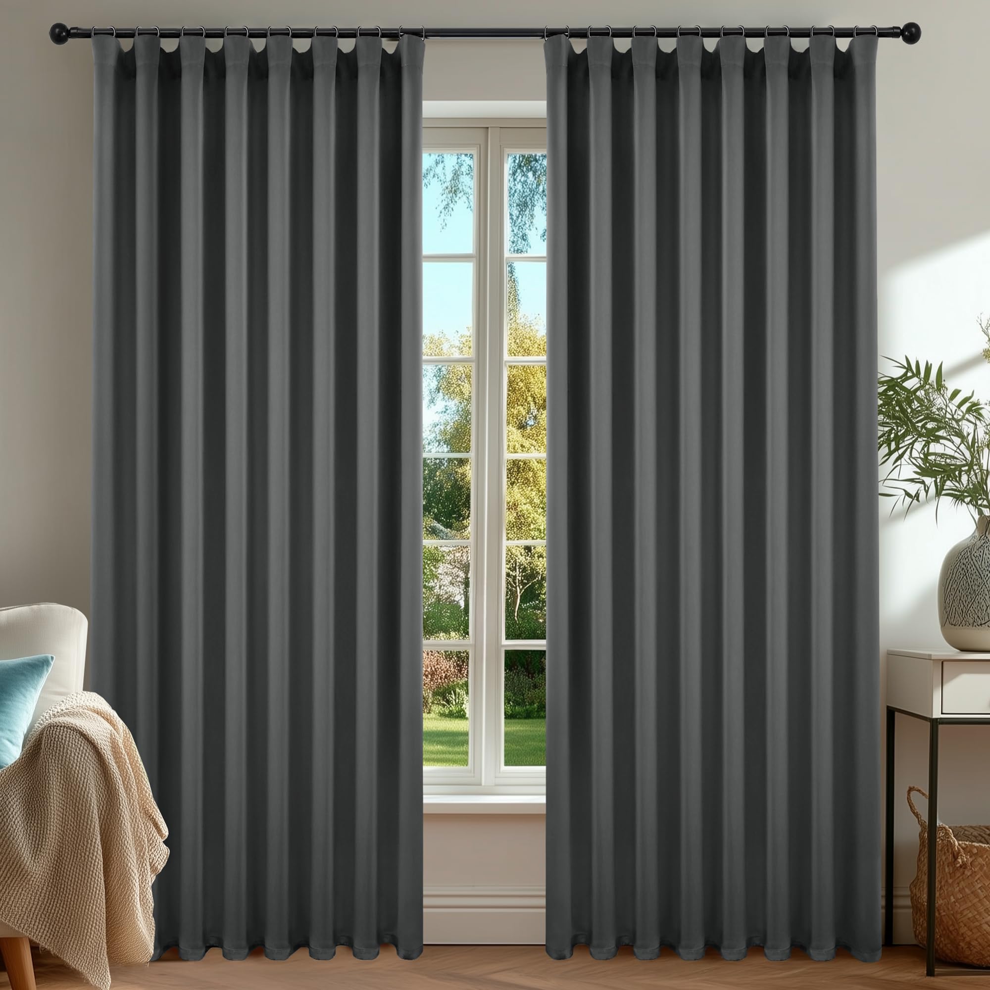 Deconovo Rideaux occultants, Opaques, avec Bandes froncées, Rideaux Thermiques 3 en 1, Chambre à Coucher, 2 Pièces140×300 CM (Largeur x Hauteur) Gris Foncé